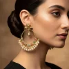 Gold Tone Oversized Chandbali Earrings With Stone and Pearl Detailing