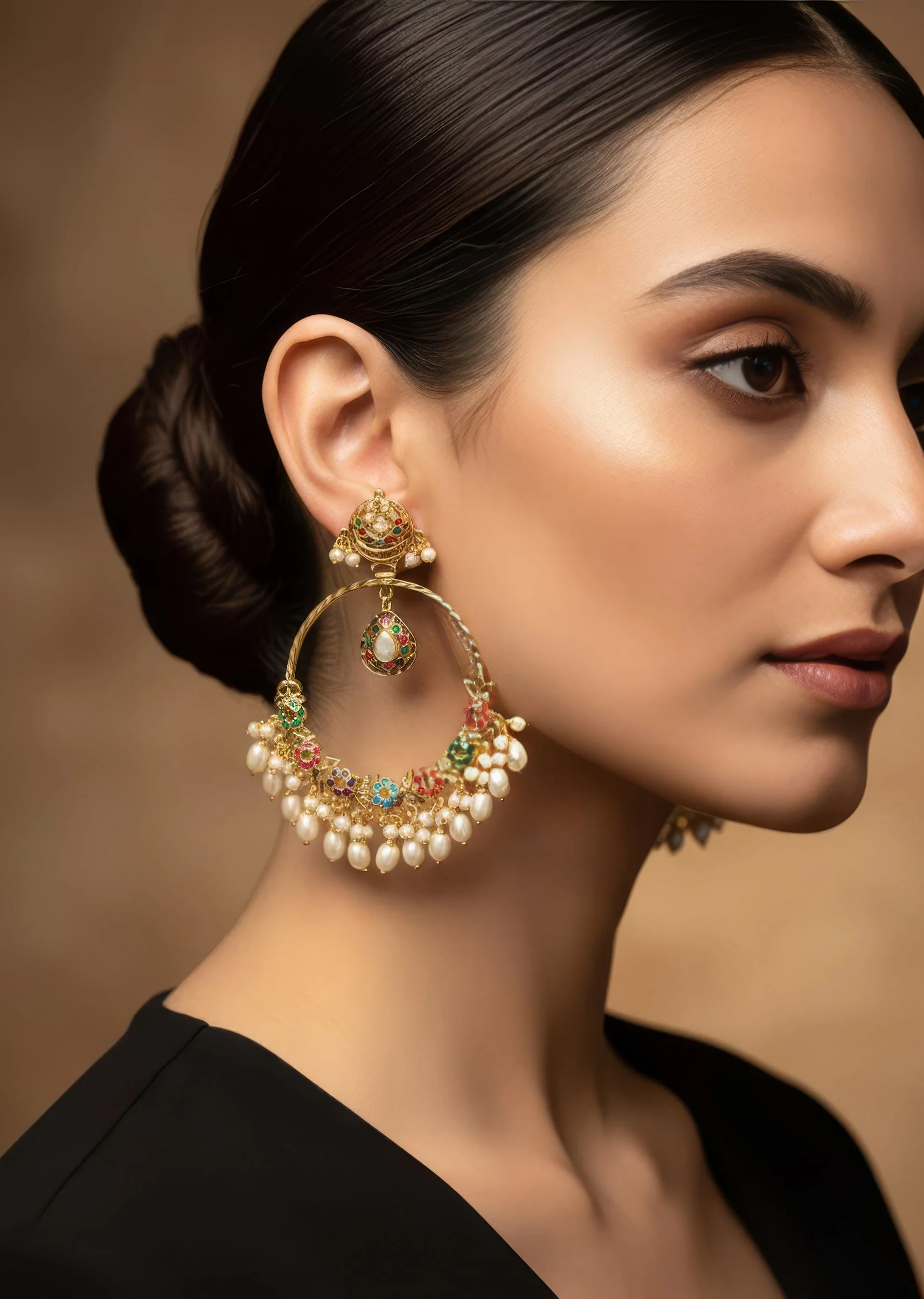 Gold Tone Oversized Chandbali Earrings With Stone and Pearl Detailing
