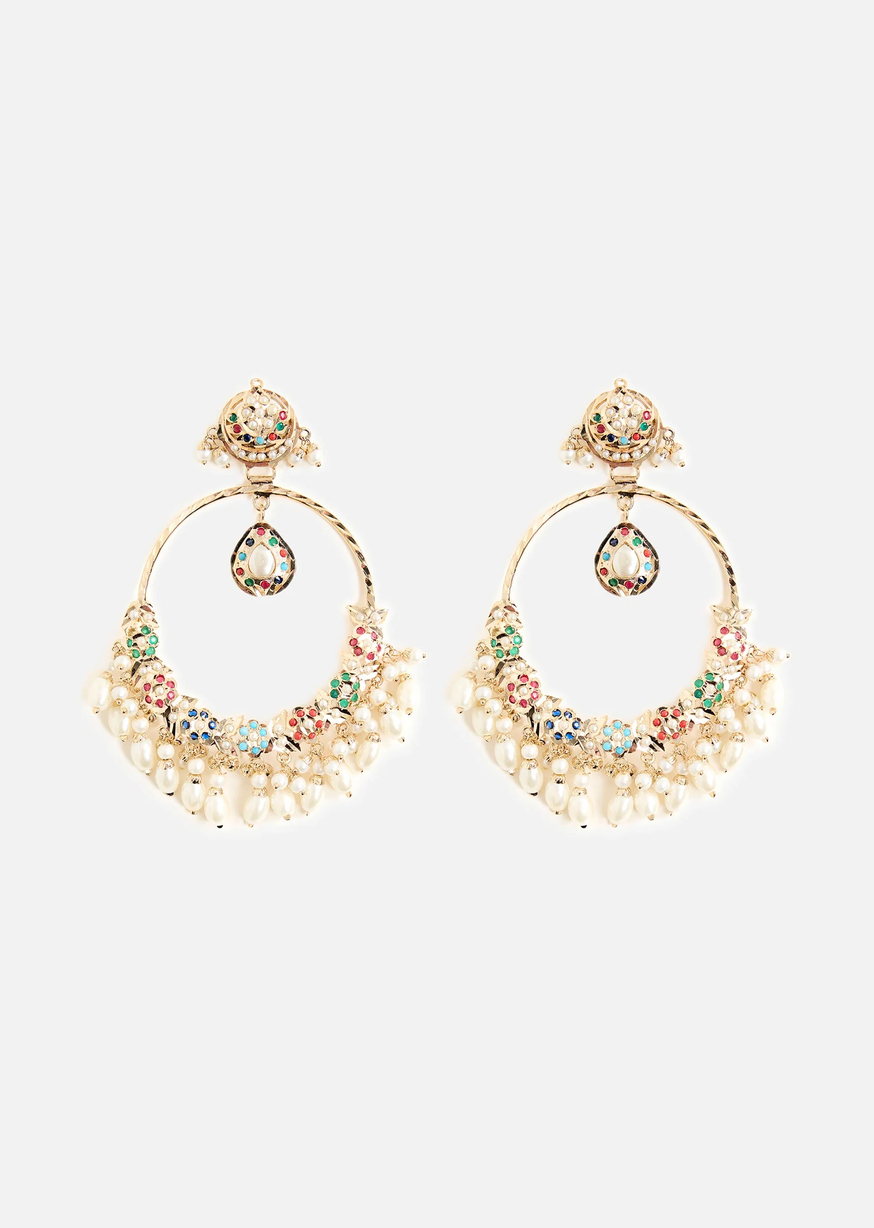 Gold Tone Oversized Chandbali Earrings With Stone and Pearl Detailing