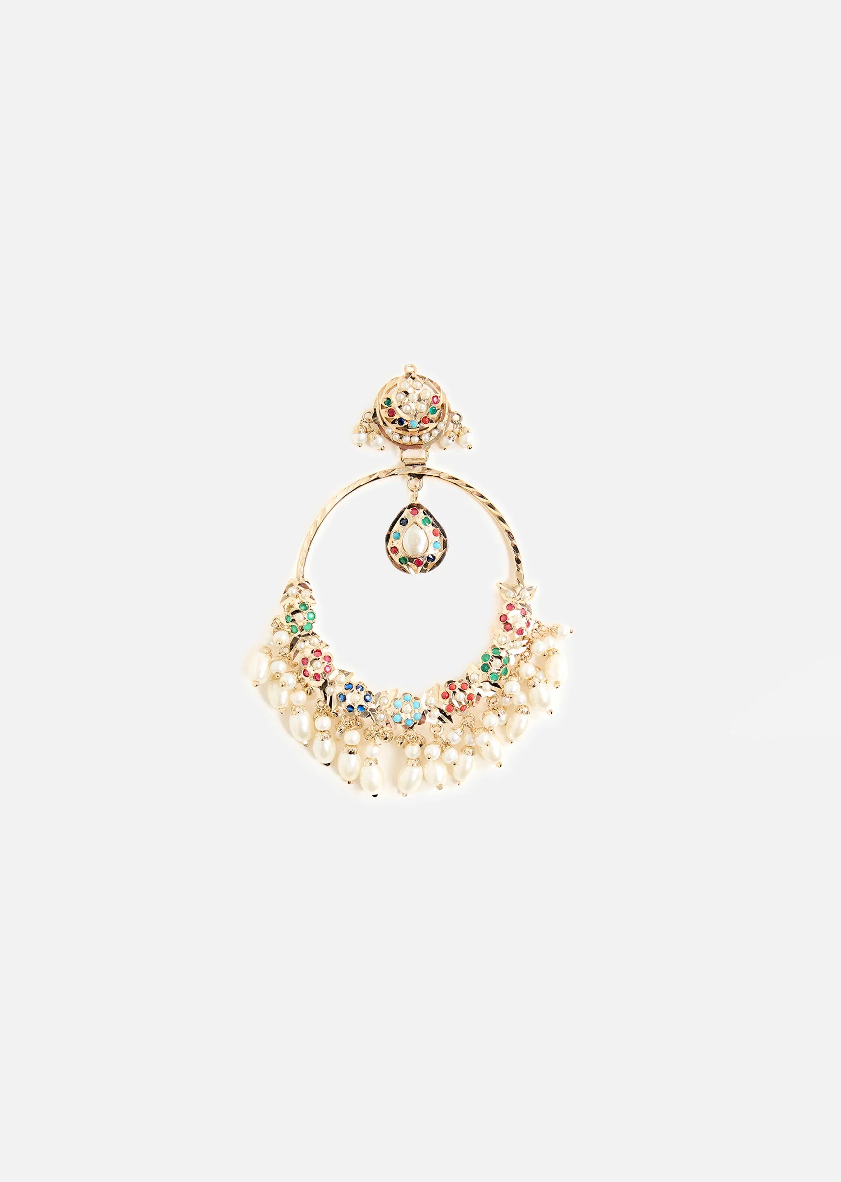 Gold Tone Oversized Chandbali Earrings With Stone and Pearl Detailing