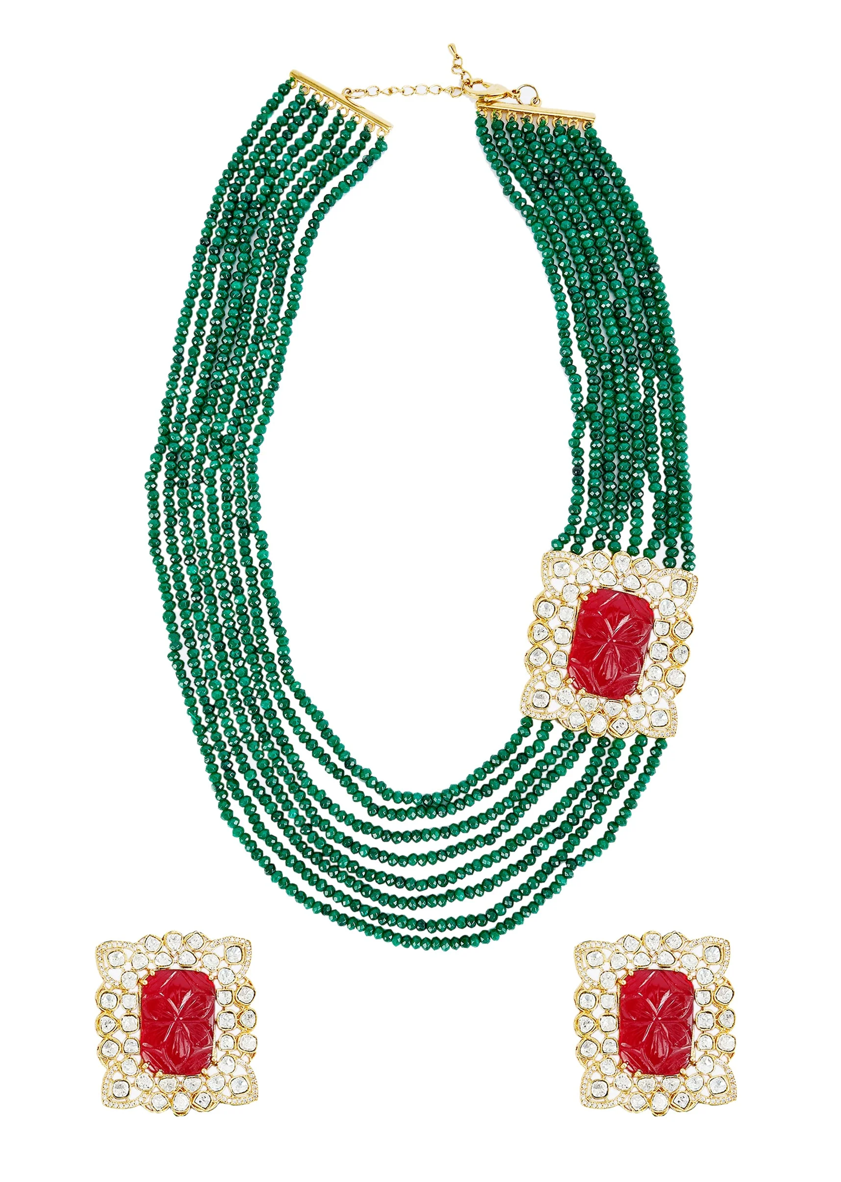 Gold Plated Green Kundan Polki Mala Necklace Set With Earrings