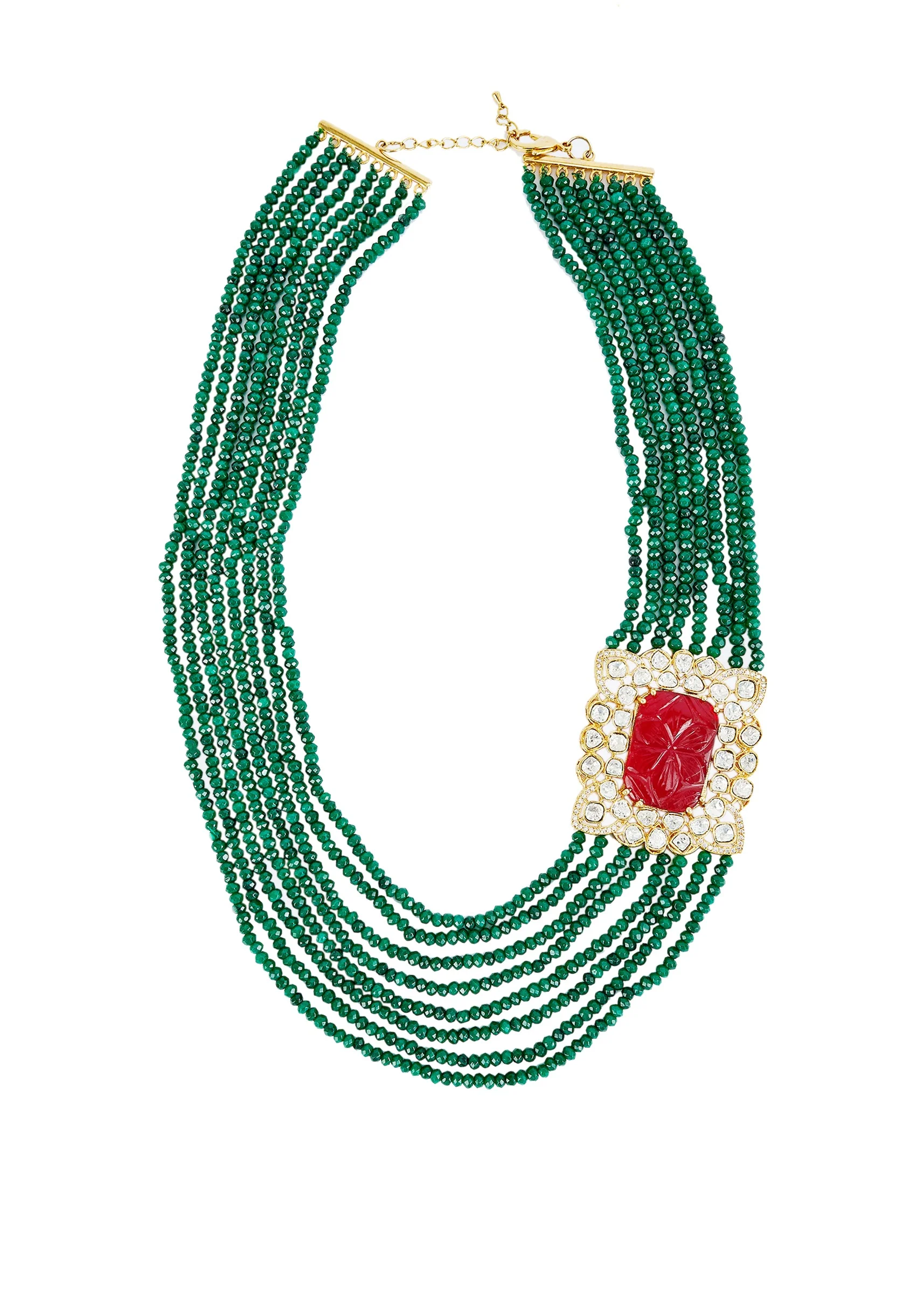 Gold Plated Green Kundan Polki Mala Necklace Set With Earrings