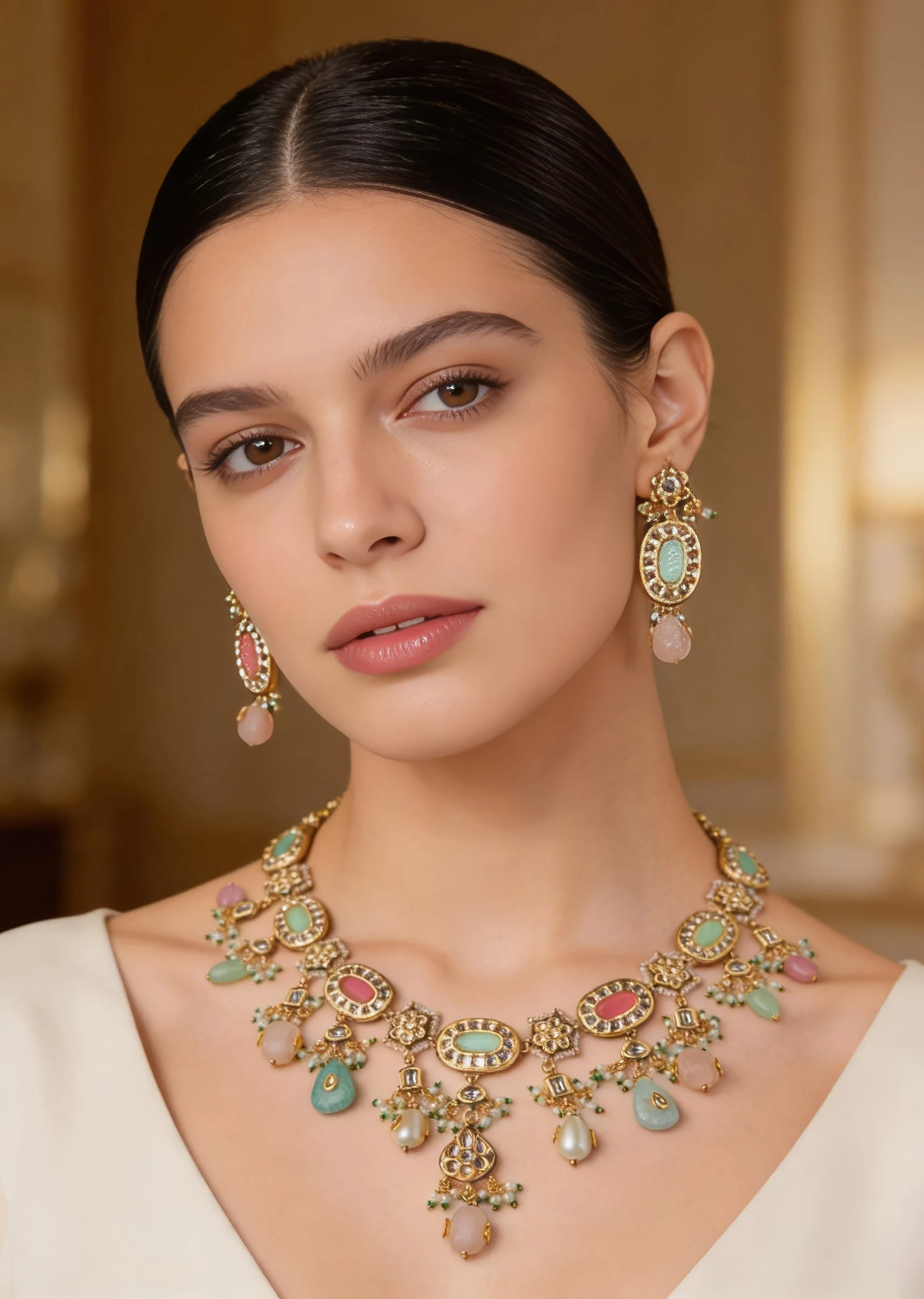 Gold Plated Multicolored Long Necklace Set With Earrings