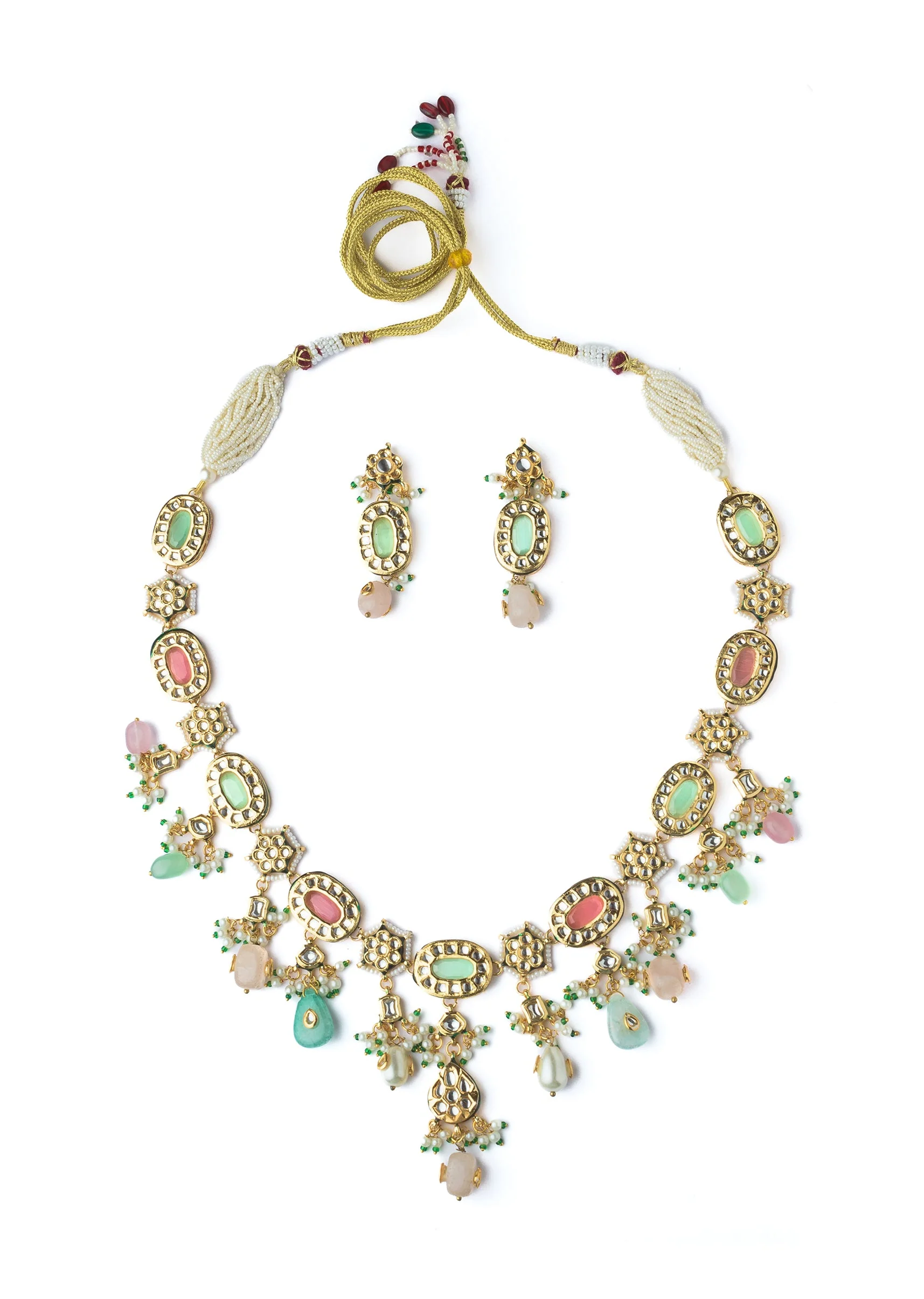 Gold Plated Multicolored Long Necklace Set With Earrings