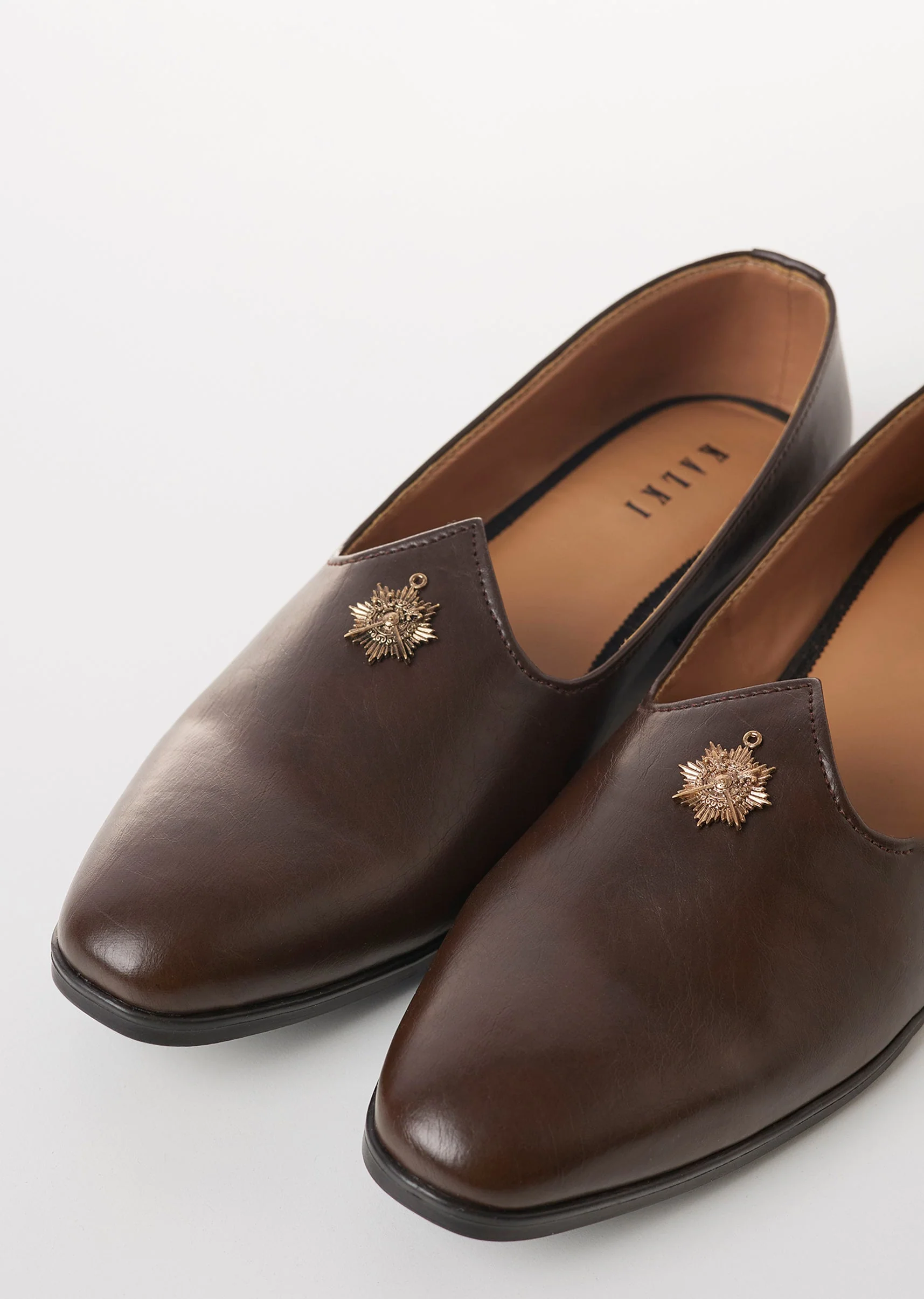 Brown Faux Leather Mens Loafers with Metallic Sunburst Charm