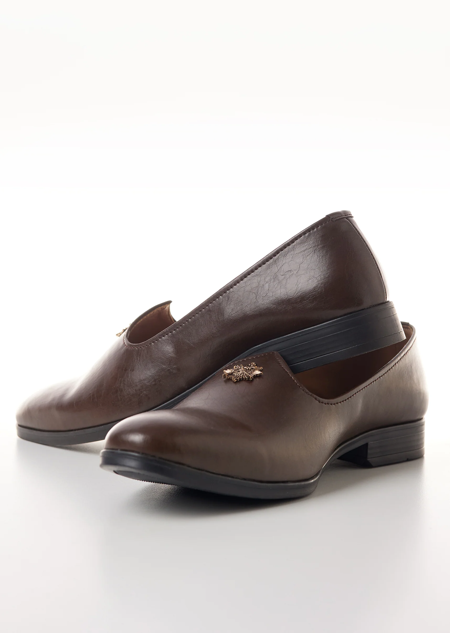 Brown Faux Leather Mens Loafers with Metallic Sunburst Charm