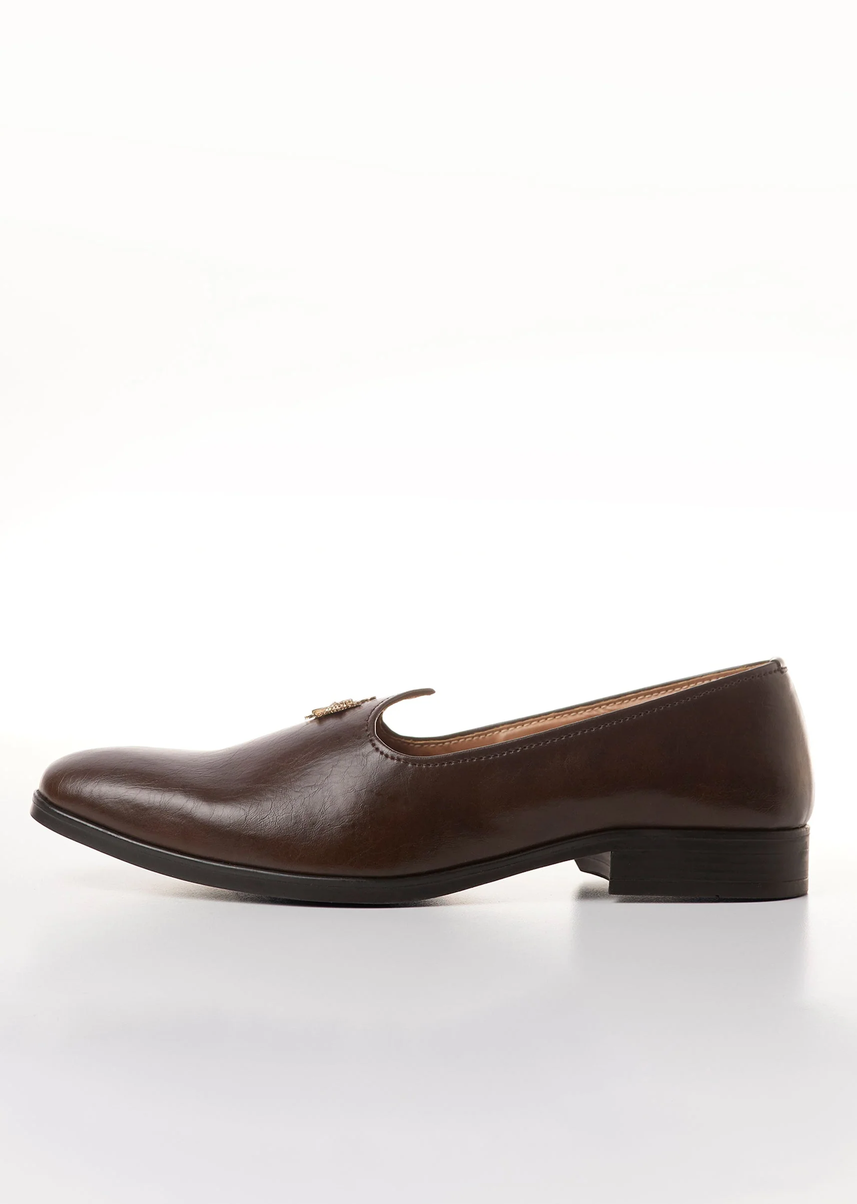 Brown Faux Leather Mens Loafers with Metallic Sunburst Charm