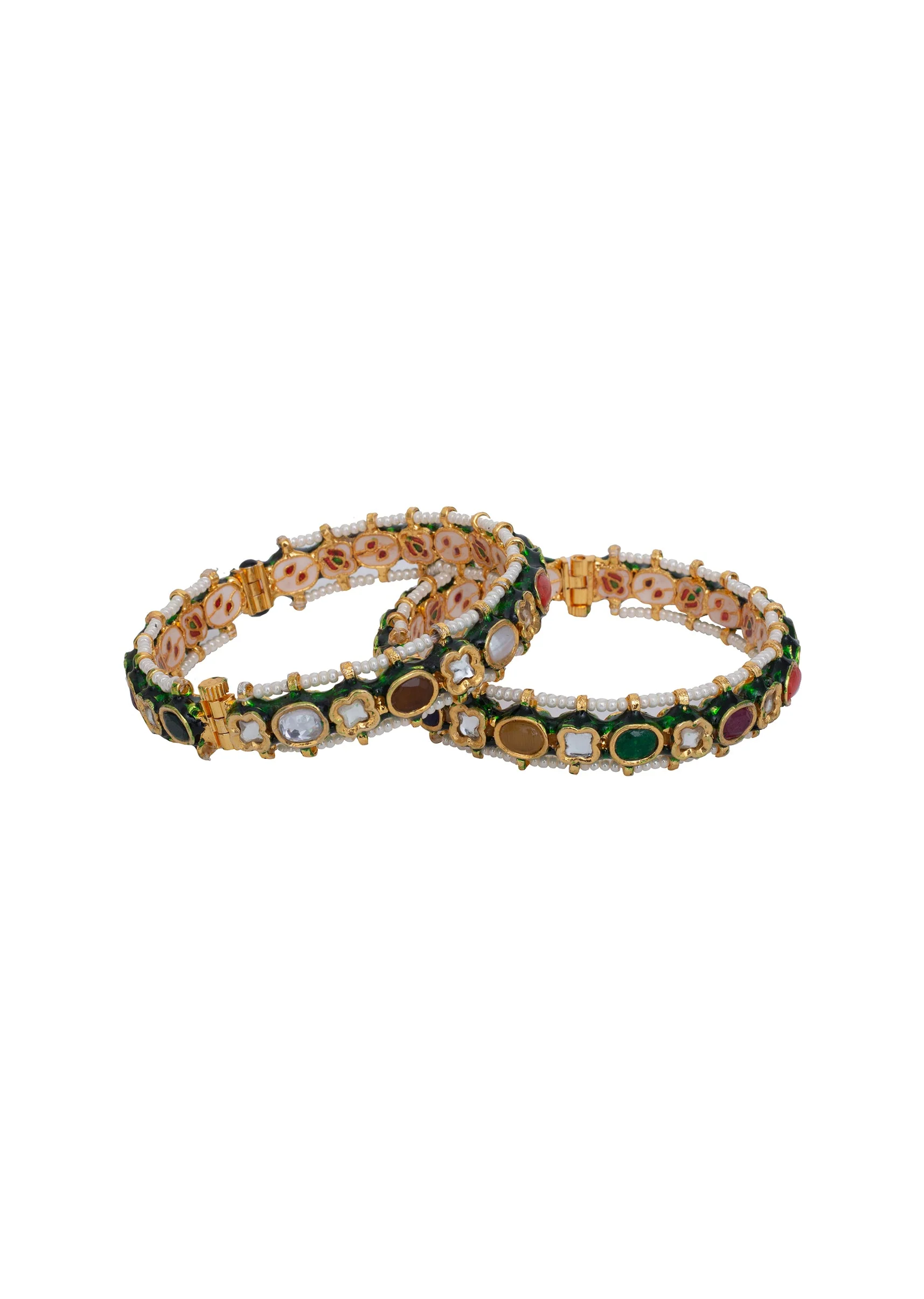 Gold Plated Multicolored Gemstones Kundan Polki Bangles