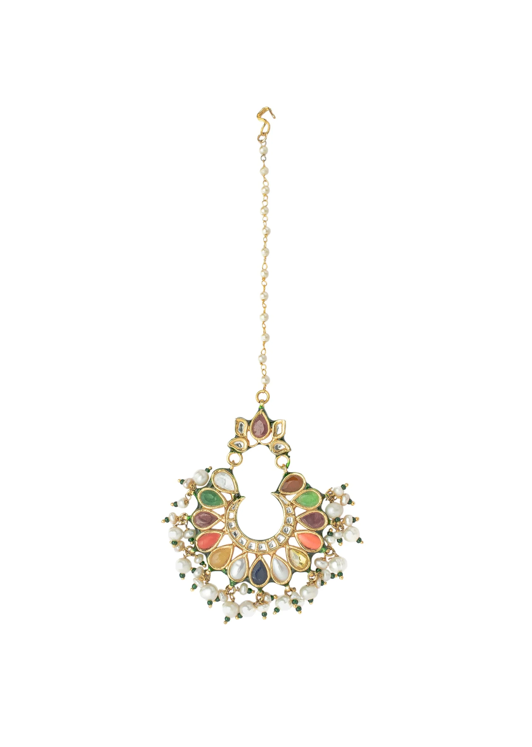 Gold Plated Multicolored Kundan Polki Maangtikka