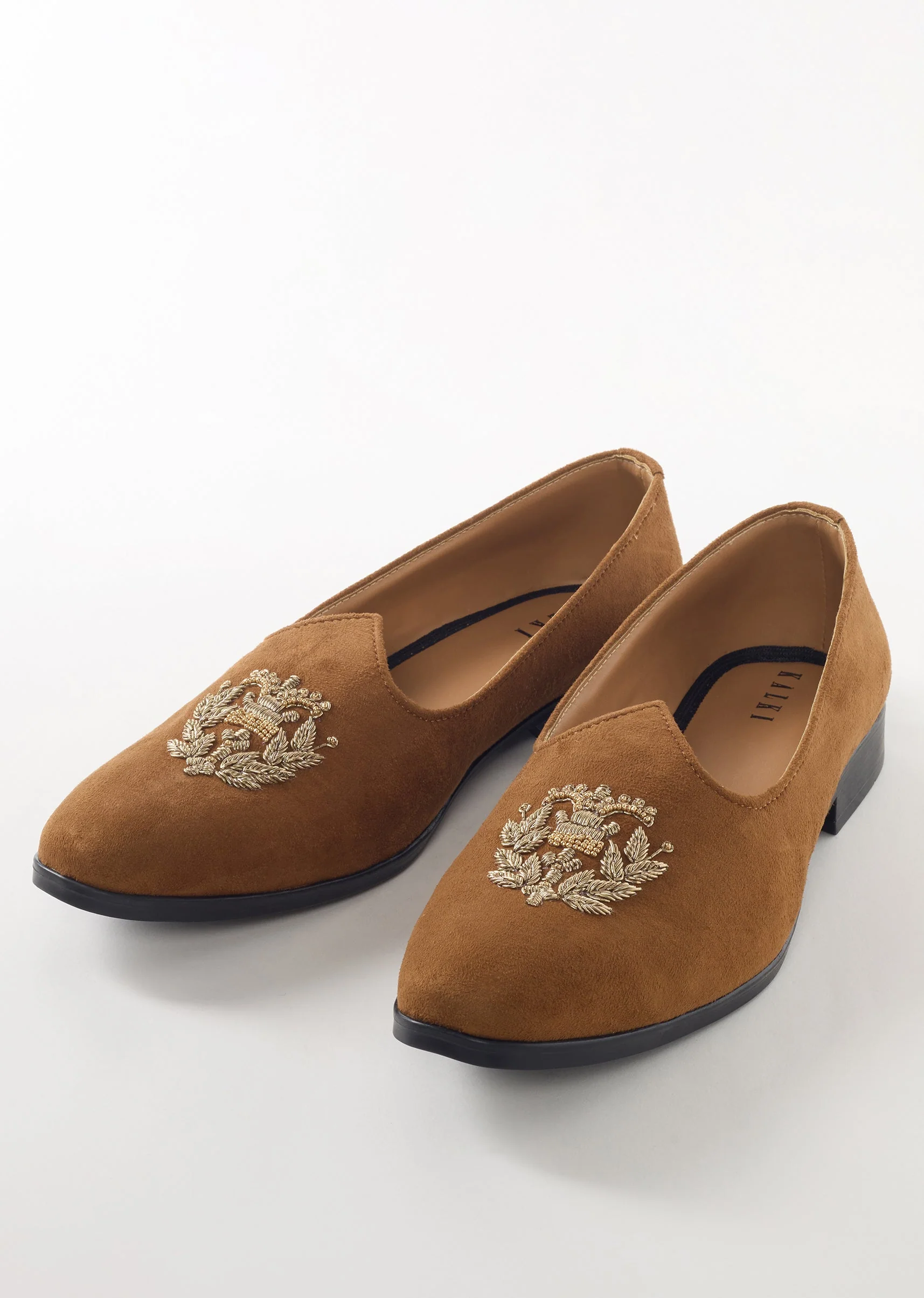 Brown Suede Ethnic Jutti With Metallic Embroidery For Men