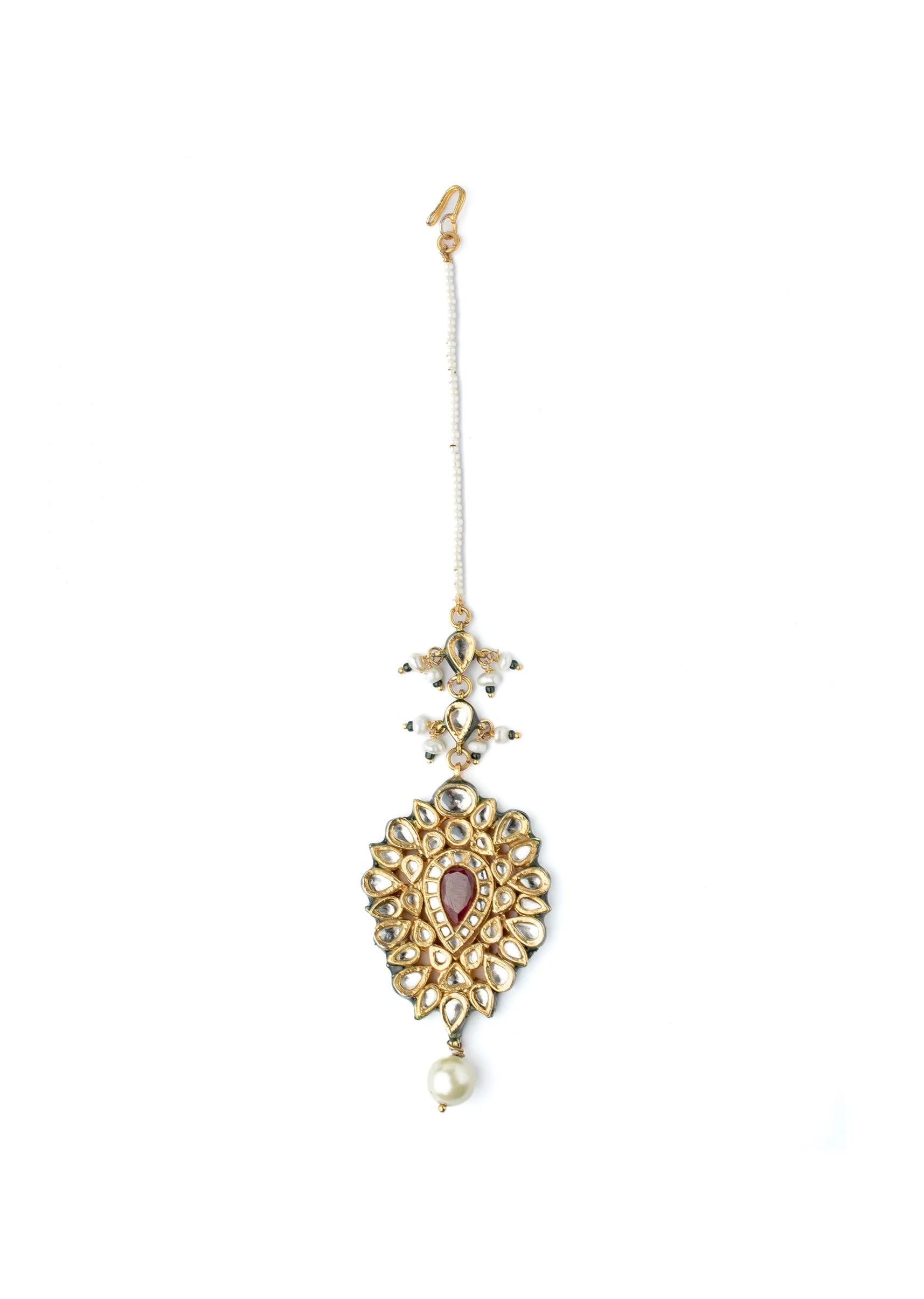 Gold Plated Teardrop Red Stone Maangtikka