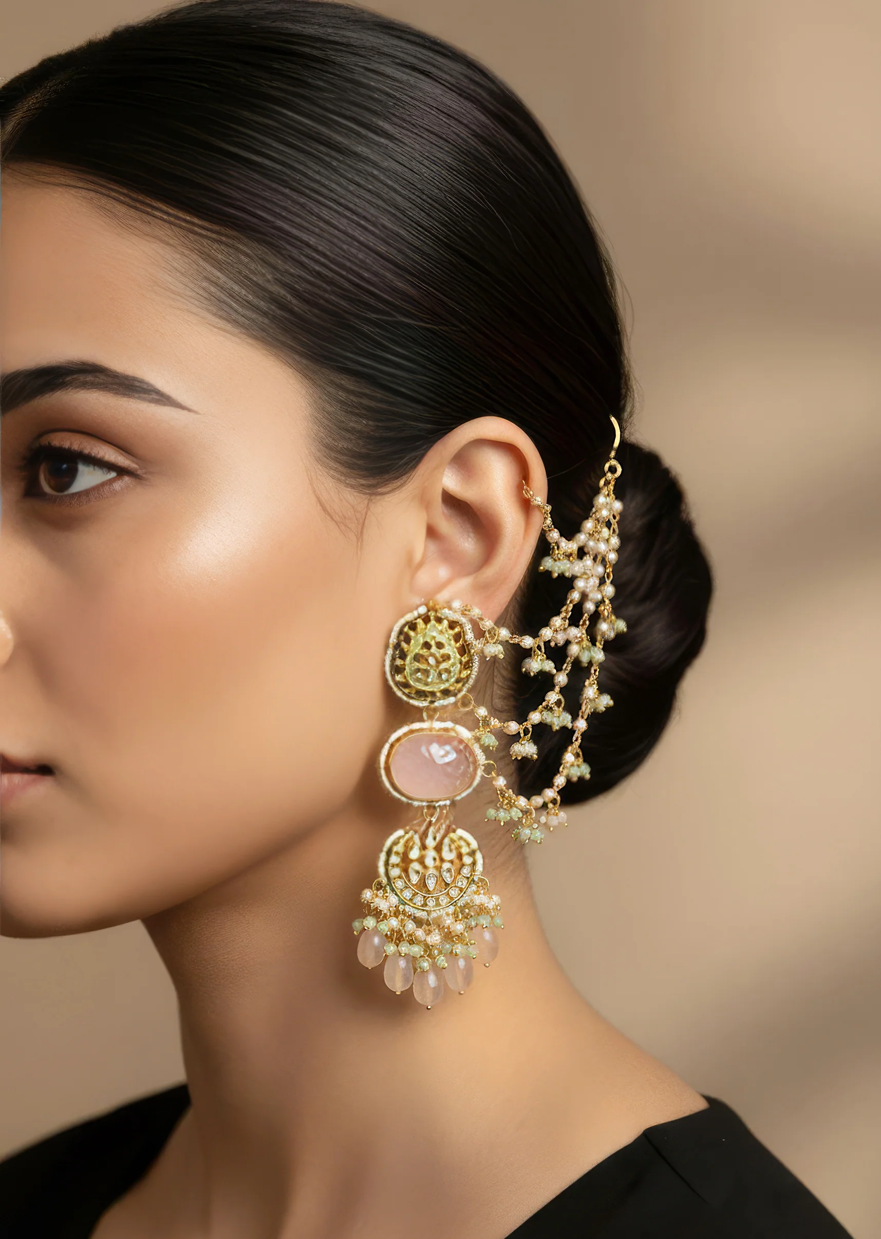 1140-multi-traditional-kundan-kaan-chain-earrings-with-faux-pearl-and-stones-1.webp Multi Traditional Kundan Kaan Chain Earrings with Faux Pearl and Stones