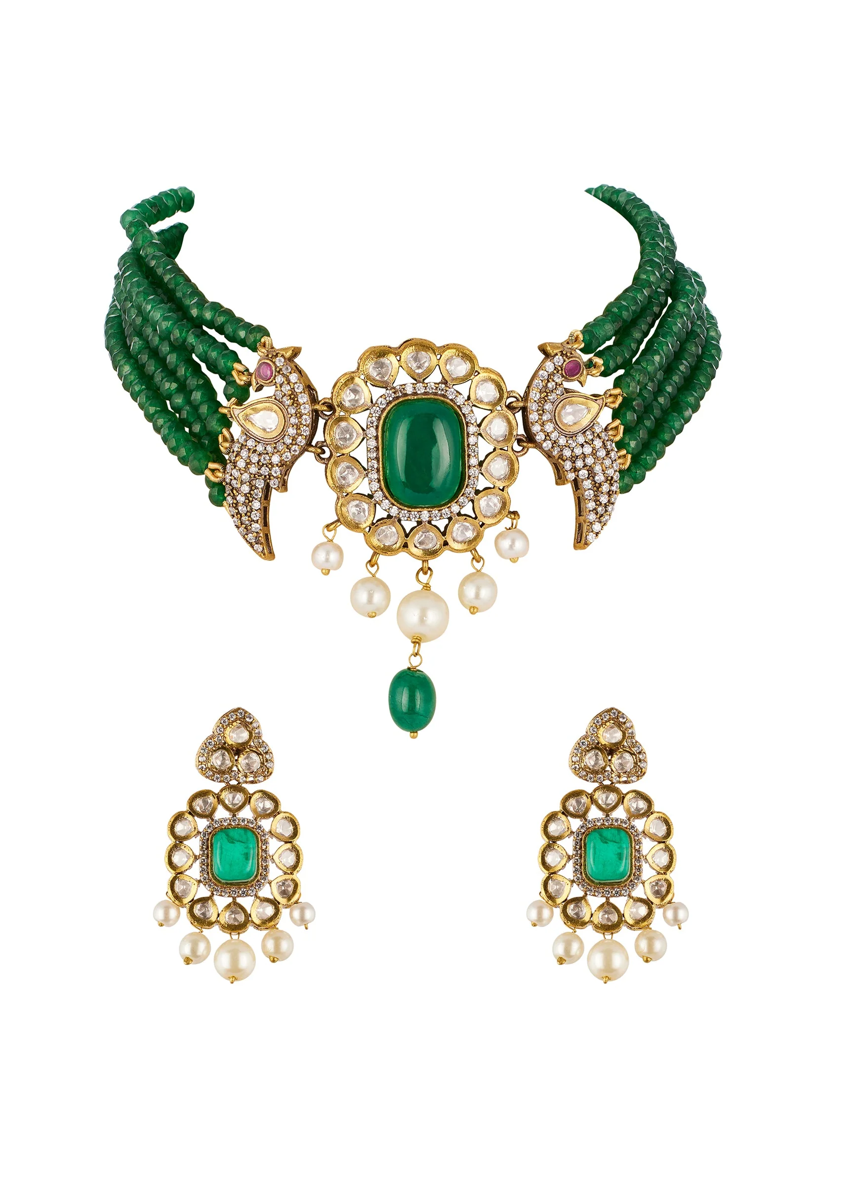 1142-green-traditional-kundan-polki-necklace-set-with-faux-beads-and-stones-1.webp Green Traditional Kundan Polki Necklace Set with Faux Beads and Stones