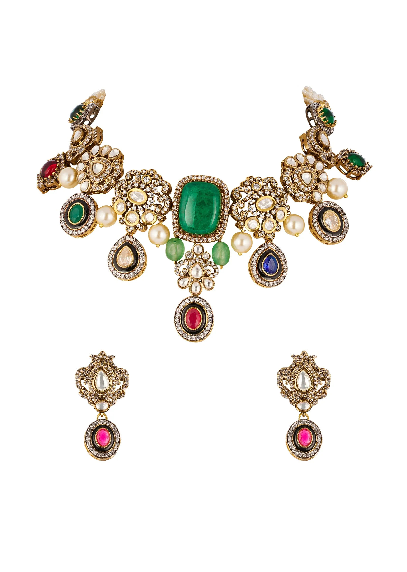 1144-gold-traditional-mordern-polki-necklace-set-with-faux-simulated-coloured-stones-1.webp Gold Traditional Mordern Polki Necklace Set with Faux Simulated Coloured Stones