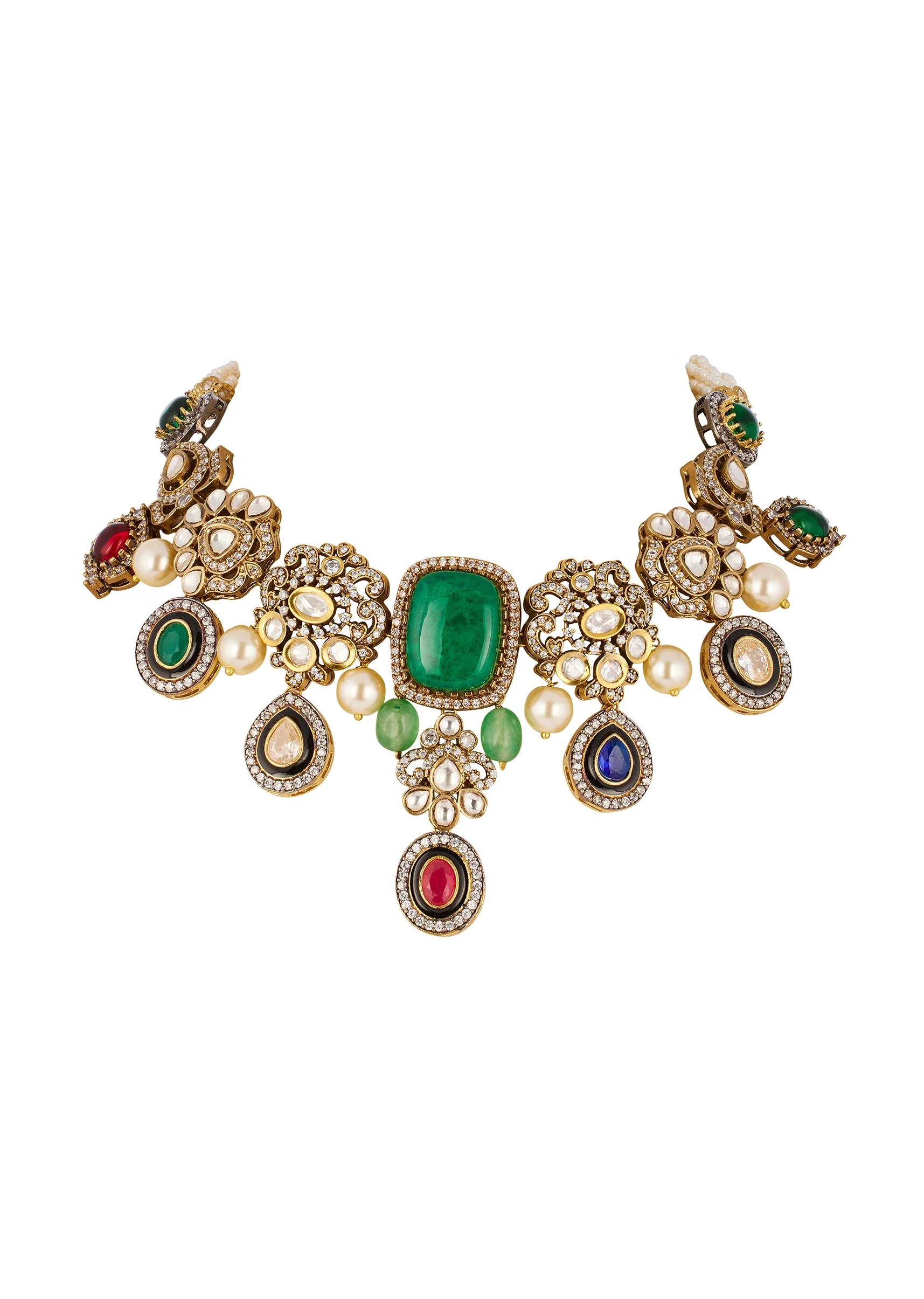 1144-gold-traditional-mordern-polki-necklace-set-with-faux-simulated-coloured-stones-2.webp Gold Traditional Mordern Polki Necklace Set with Faux Simulated Coloured Stones