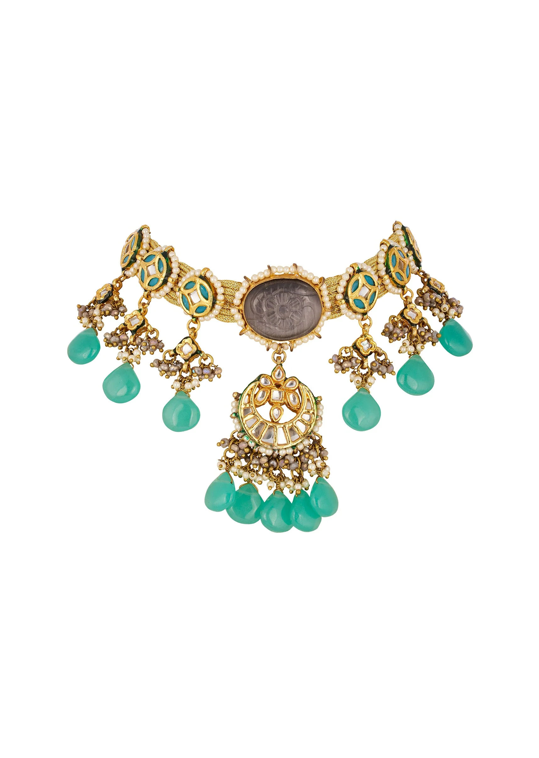 1145-multi-traditional-kundan-chandbali-necklace-set-with-faux-pearl-and-stones-2.webp Multi Traditional Kundan Chandbali Necklace Set with Faux Pearl and Stones
