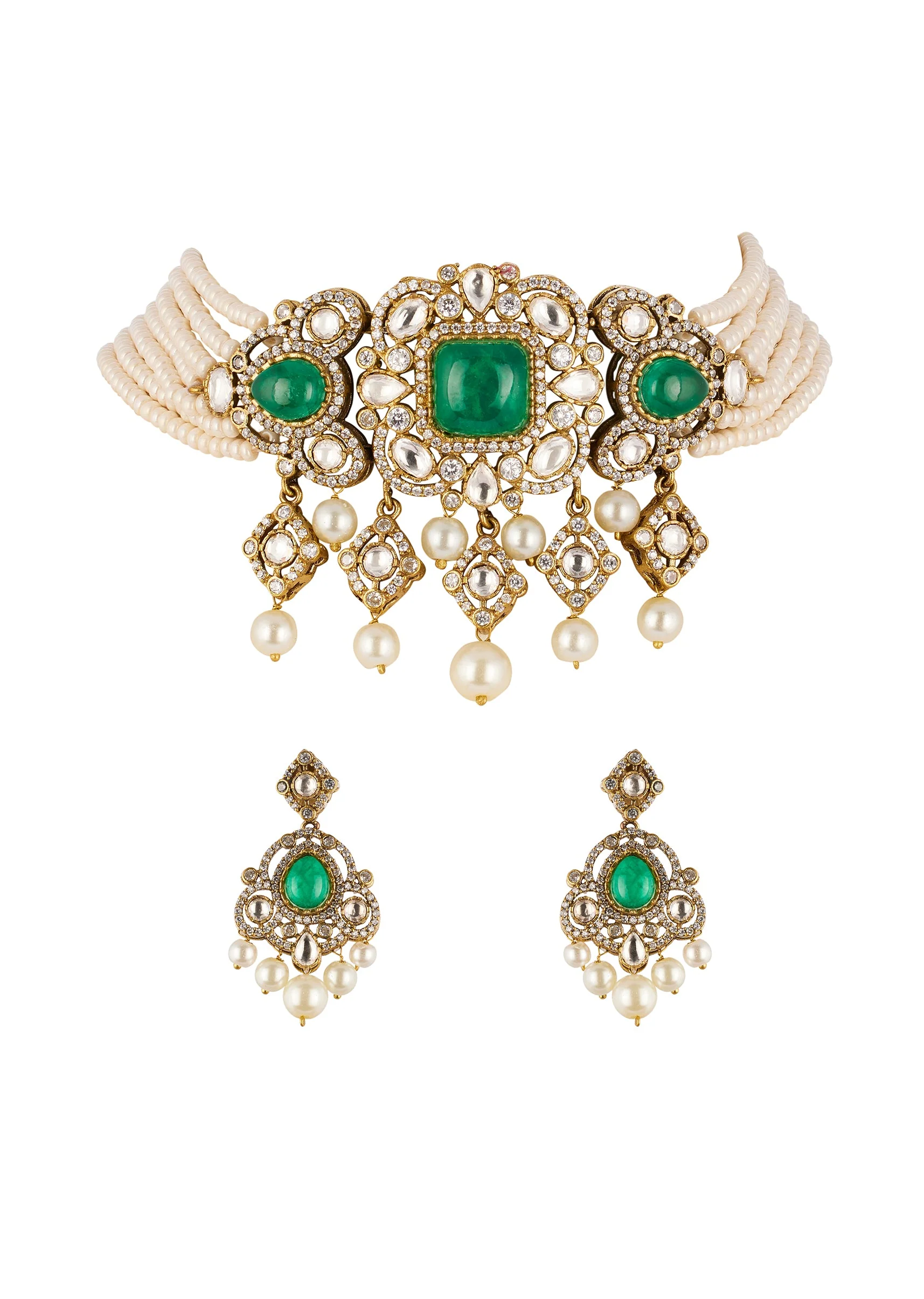 1147-green-and-white-traditional-necklace-set-in-kundan-with-faux-pearls-1.webp Green and White Traditional Necklace Set in Kundan with Faux Pearls
