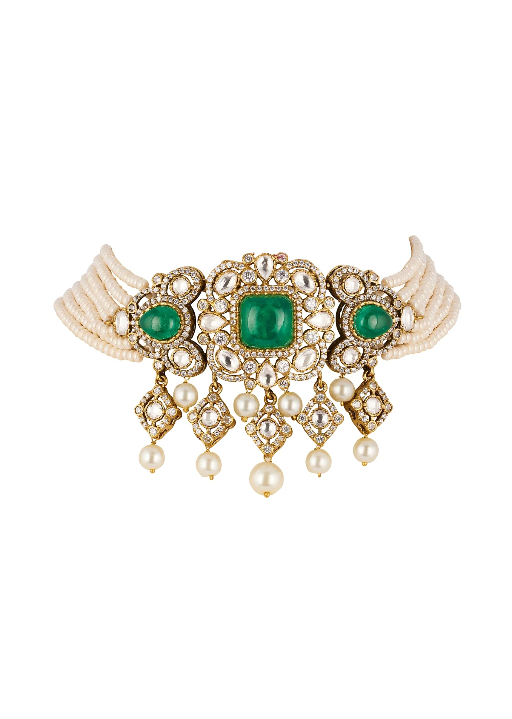 1147-green-and-white-traditional-necklace-set-in-kundan-with-faux-pearls-2.webp Green and White Traditional Necklace Set in Kundan with Faux Pearls
