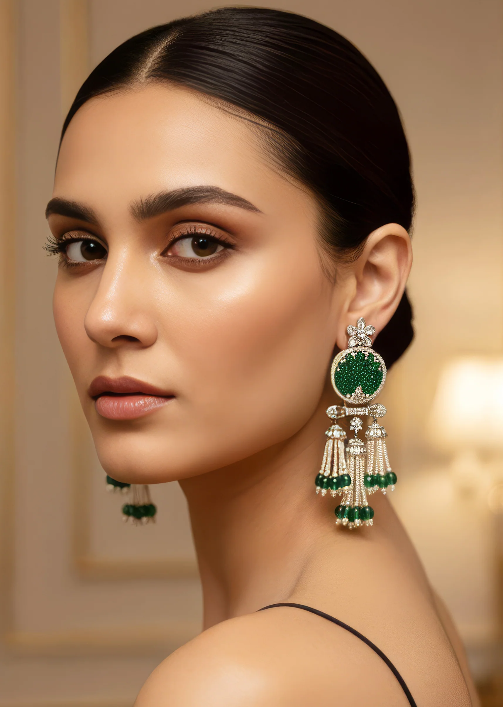 1151-green-anti-tarnish-cz-diamond-rhodium-plated-brass-earrings-with-white-beads-1.webp Green Anti Tarnish CZ Diamond Rhodium-Plated Brass Earrings with White Beads