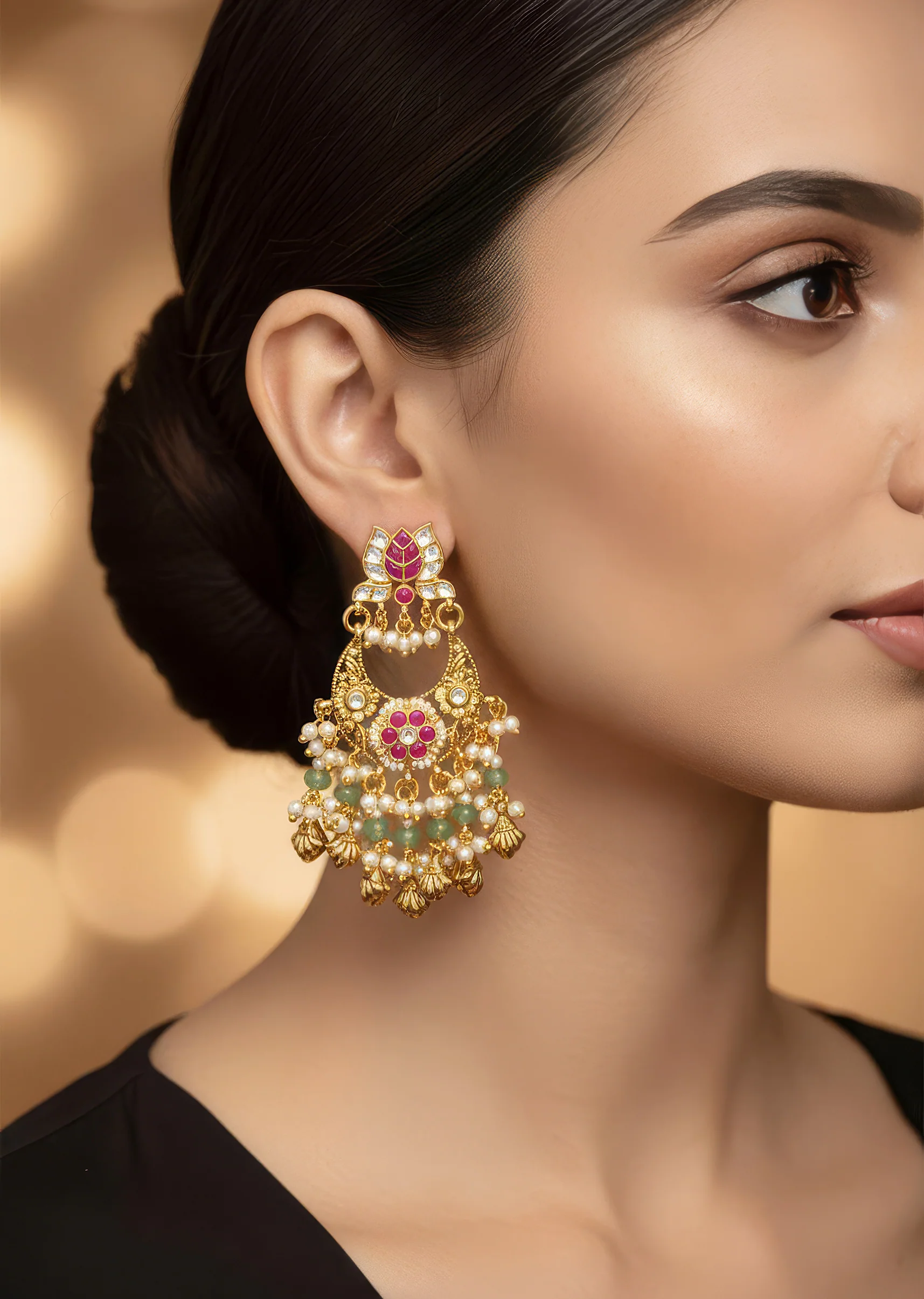 1152-gold-toned-chandbali-earrings-with-kundan-and-stone-and-pearl-detailing-1.webp Gold Toned Chandbali Earrings With Kundan And Stone And Pearl Detailing