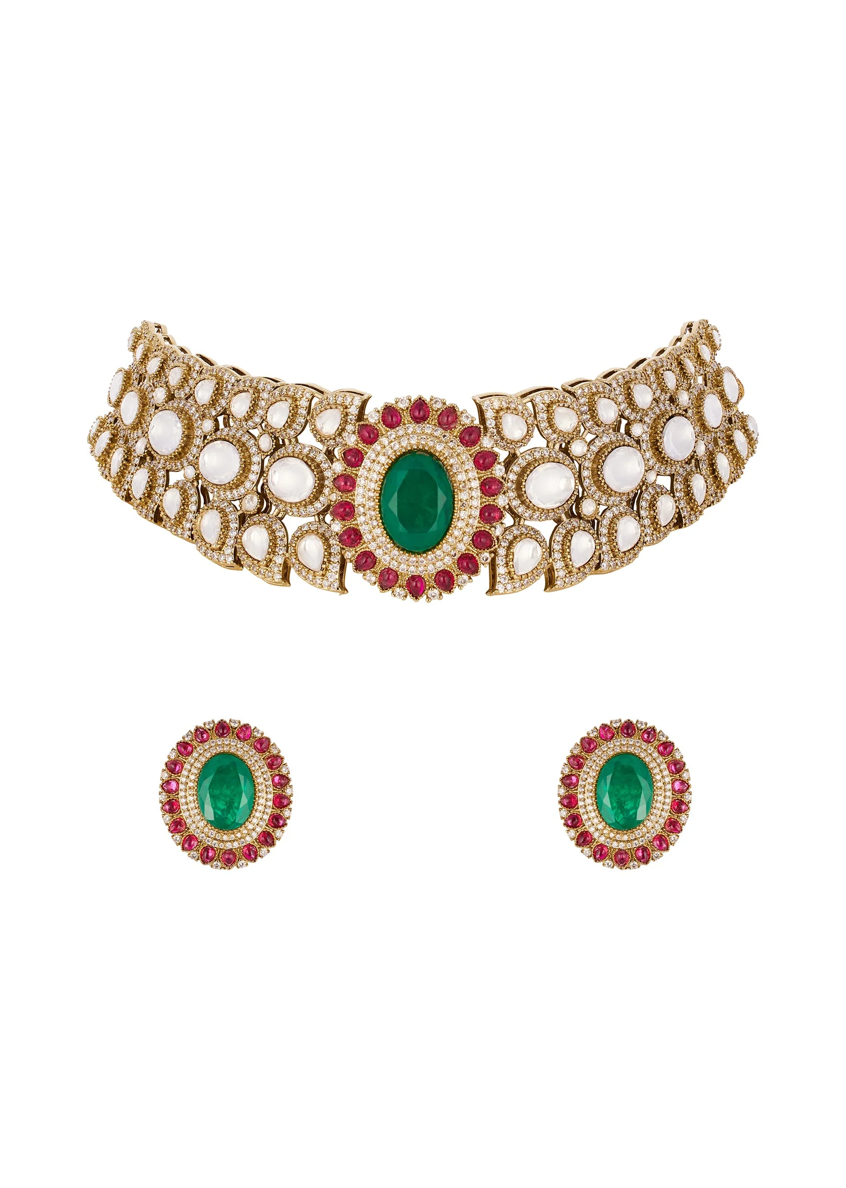 1153-red-and-green-anti-tarnish-rhodium-plated-cz-diamond-necklace-set-2.webp Red and Green Anti Tarnish Rhodium Plated Cz Diamond Necklace Set