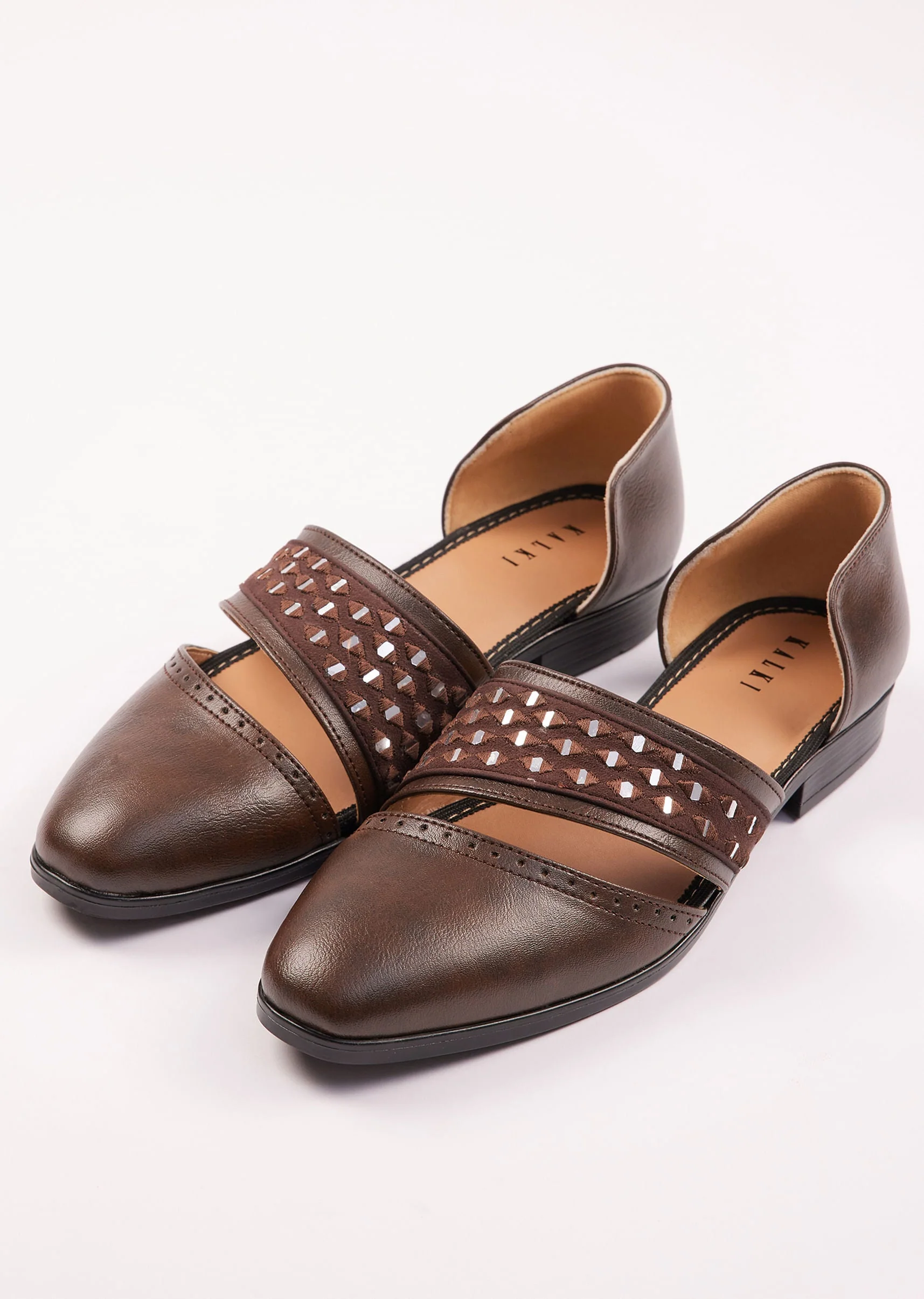 Brown Suede Juttis With Mirror Work