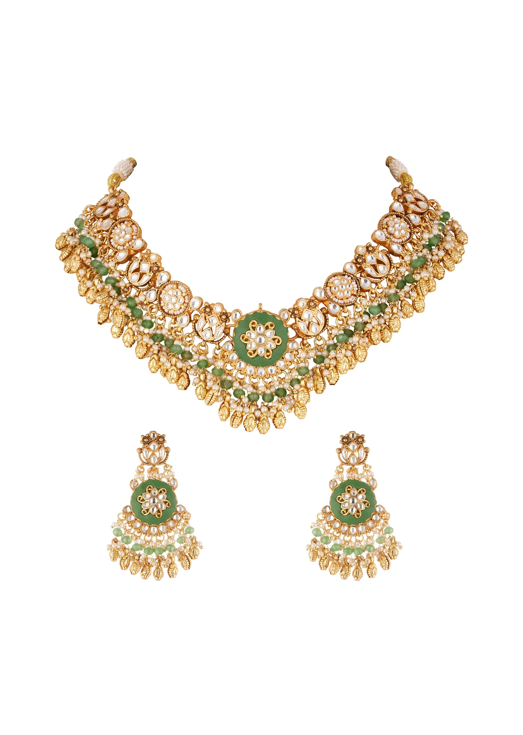 1154-gold-finish-necklace-set-with-kundan-jadau-stones-enamel-and-moti-beads-2.webp Gold Finish Necklace Set With Kundan Jadau Stones Enamel And Moti Beads