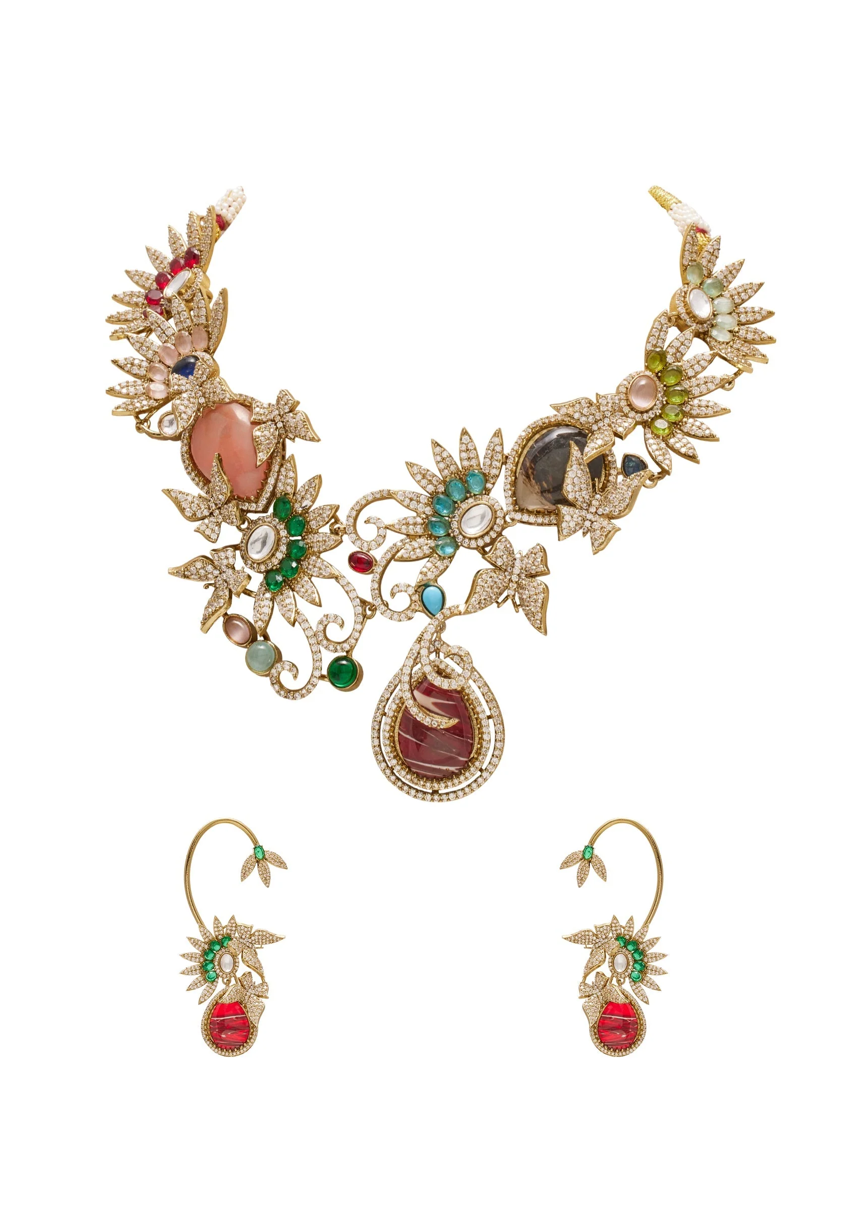 Multicolor Stone Necklace Set with Red Pendant