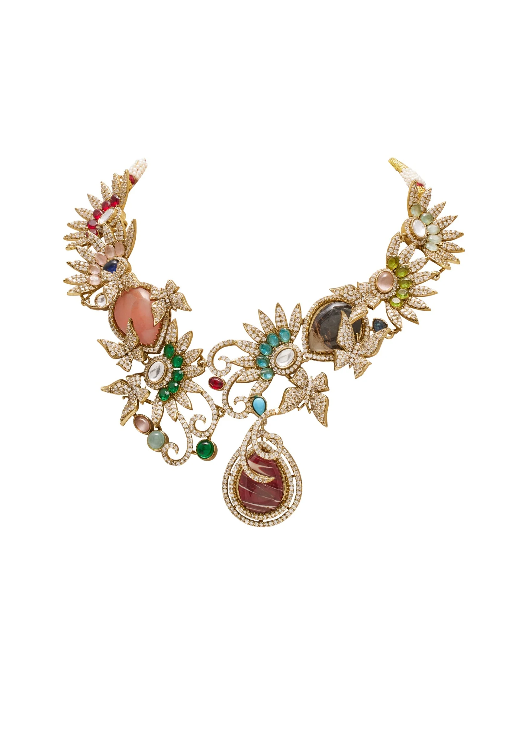 Multicolor Stone Necklace Set with Red Pendant