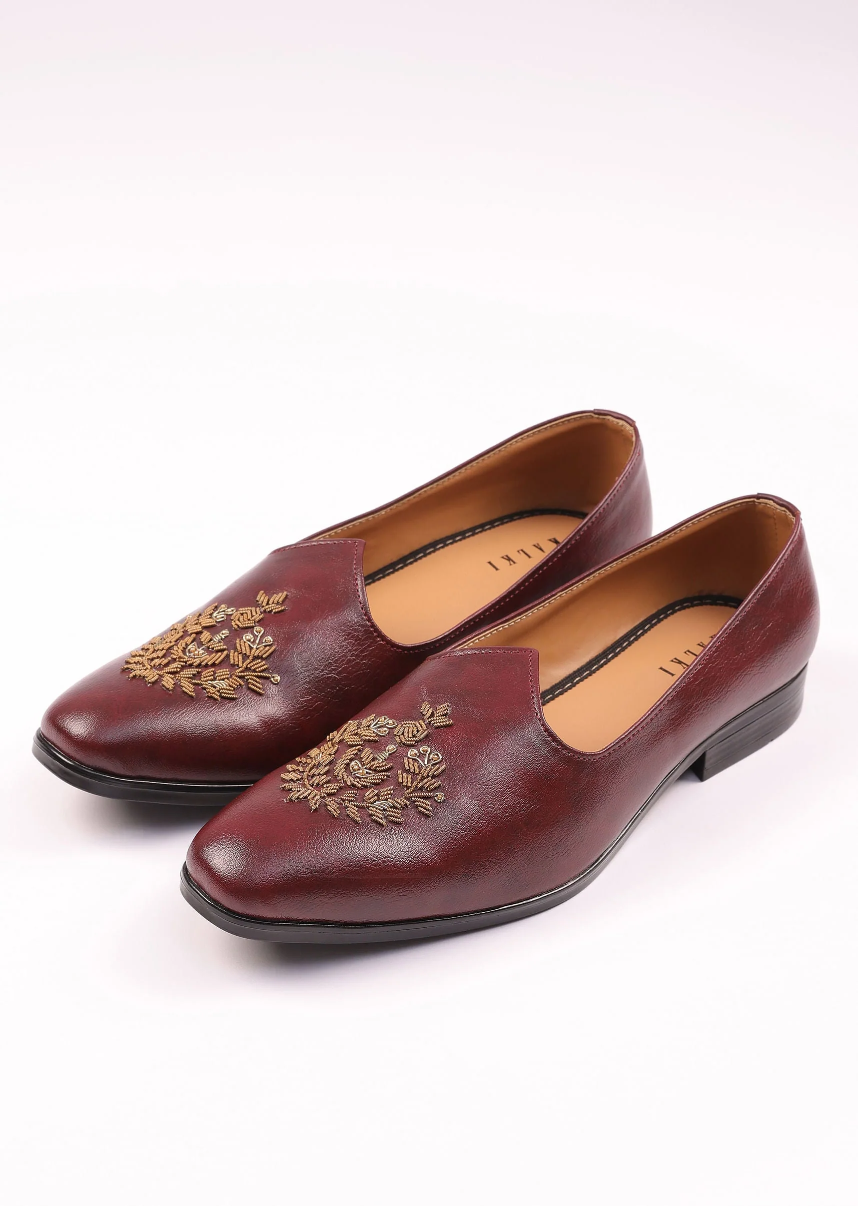 Wine Vegan Leather Jutti With Zardosi Work