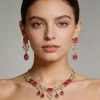 Gold And Red Stone Embellished Geometric Pendant Necklace Set