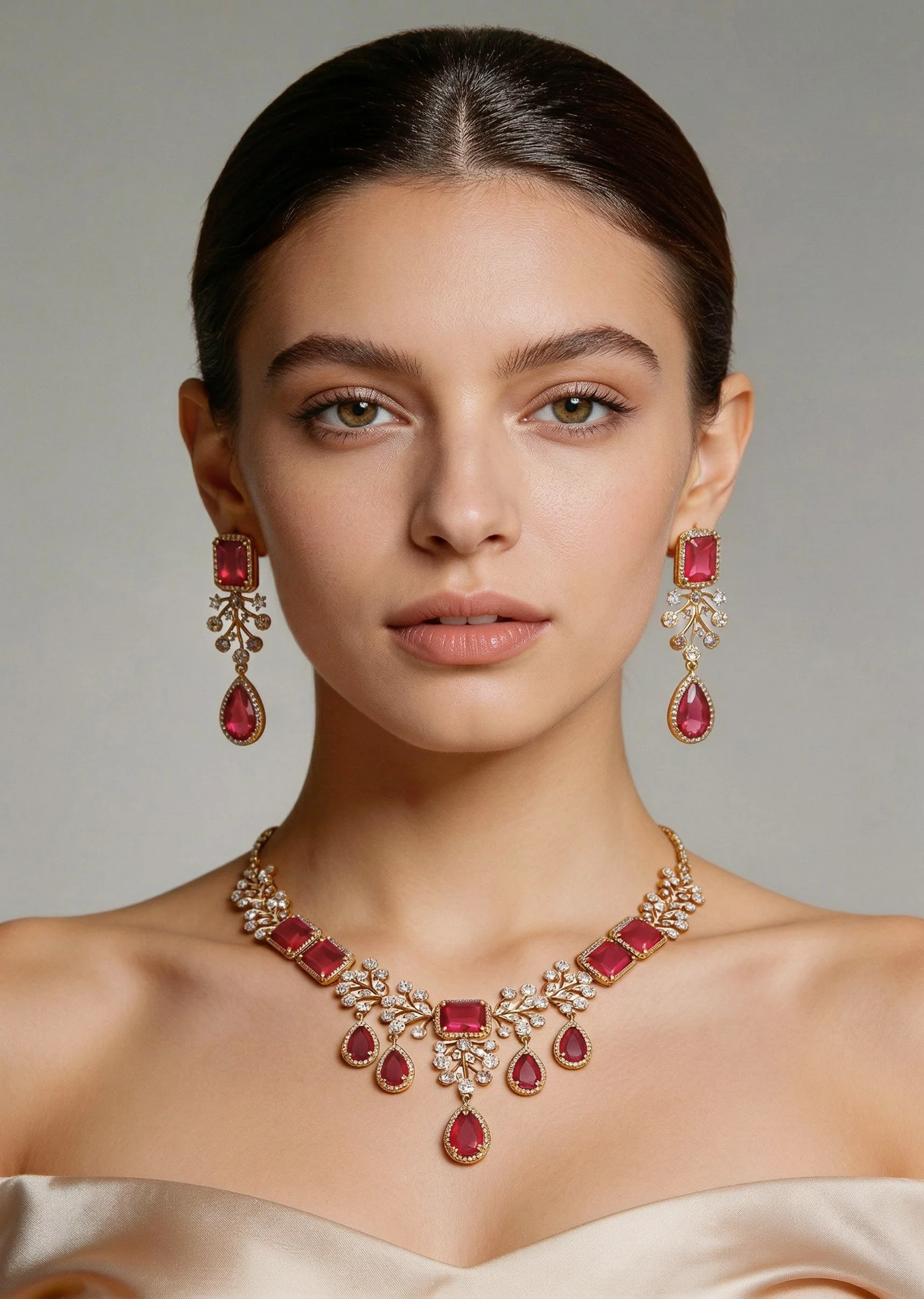 1169-gold-and-red-stone-embellished-geometric-pendant-necklace-set-1.webp Gold And Red Stone Embellished Geometric Pendant Necklace Set