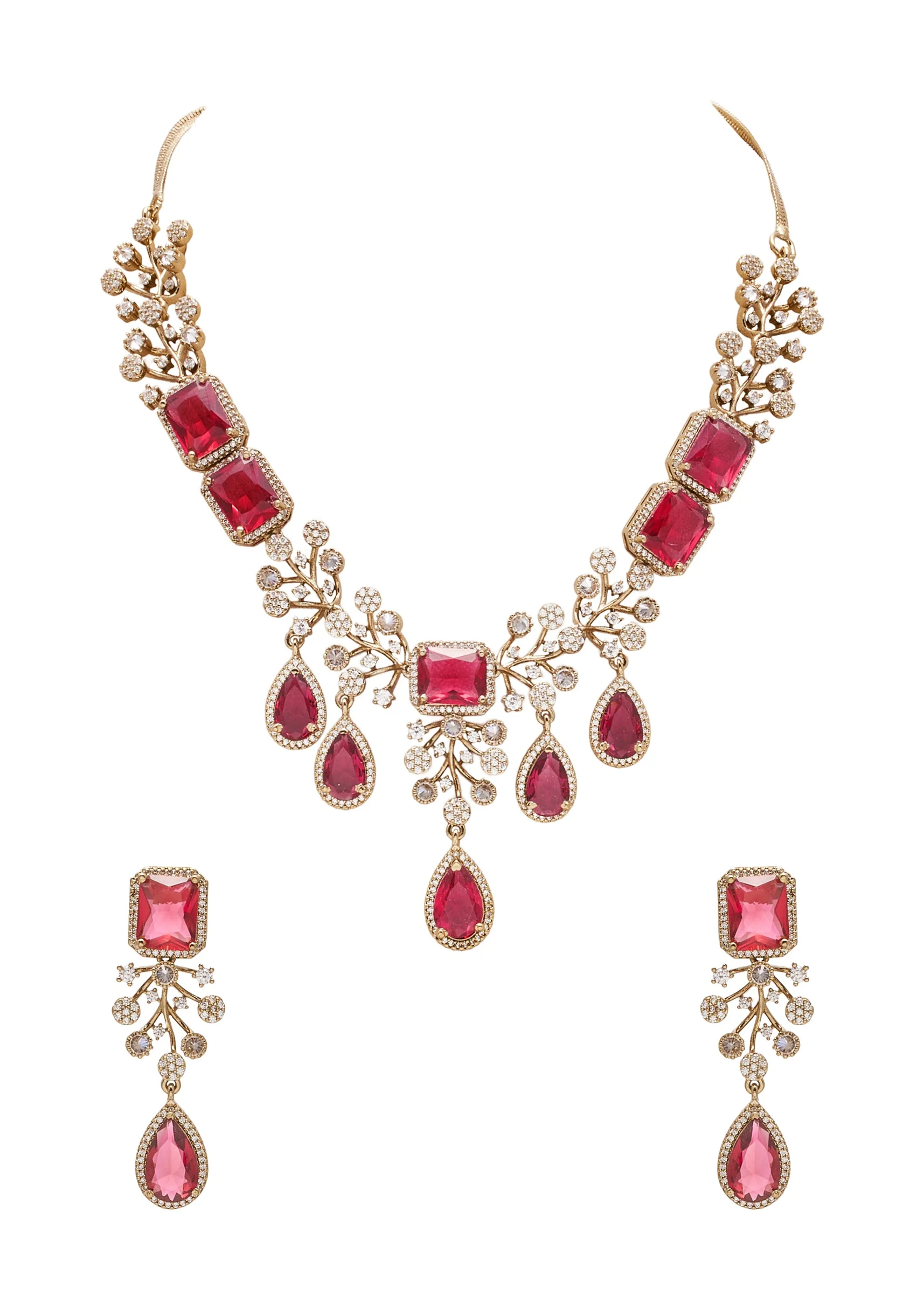 Gold And Red Stone Embellished Geometric Pendant Necklace Set