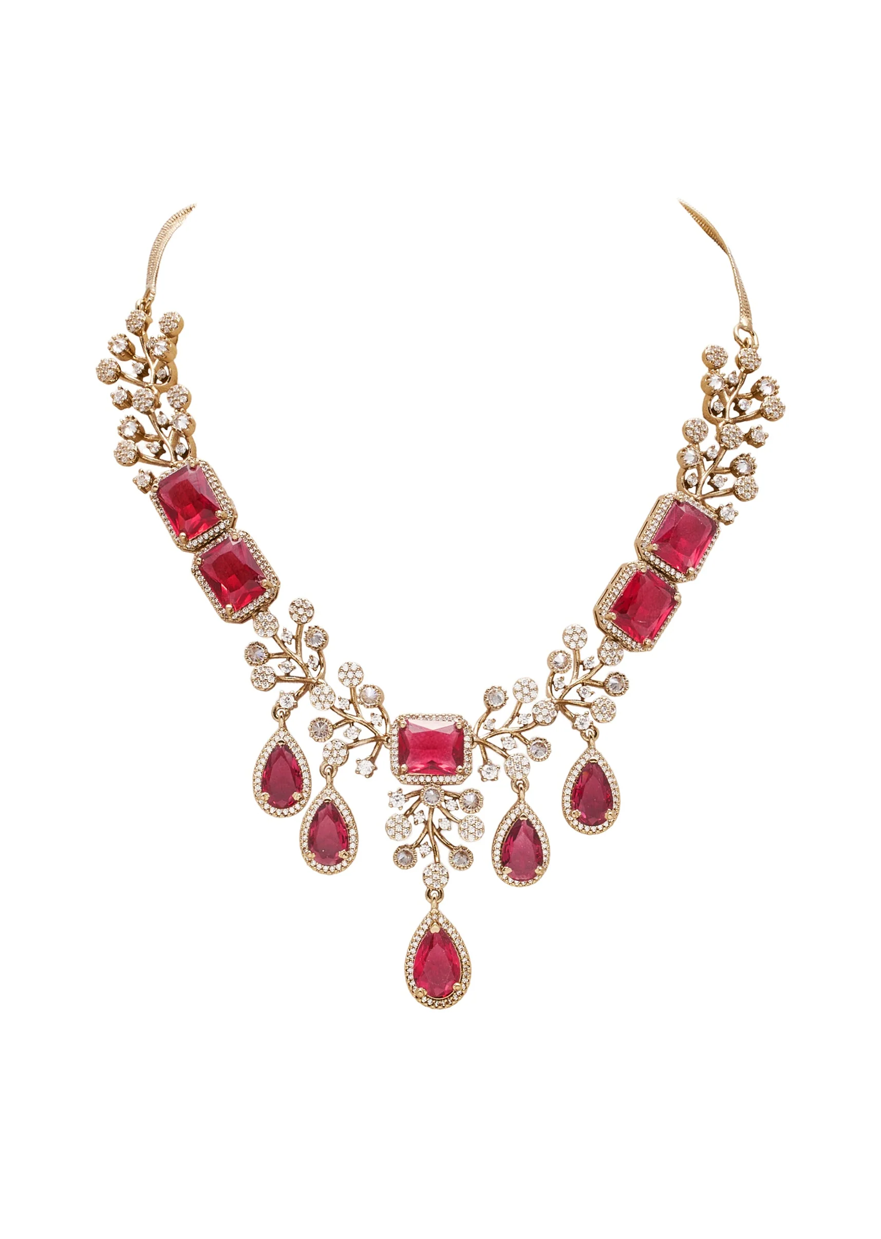 Gold And Red Stone Embellished Geometric Pendant Necklace Set