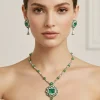 Silver Plated Green Zircon Long Necklace Set With Earrings
