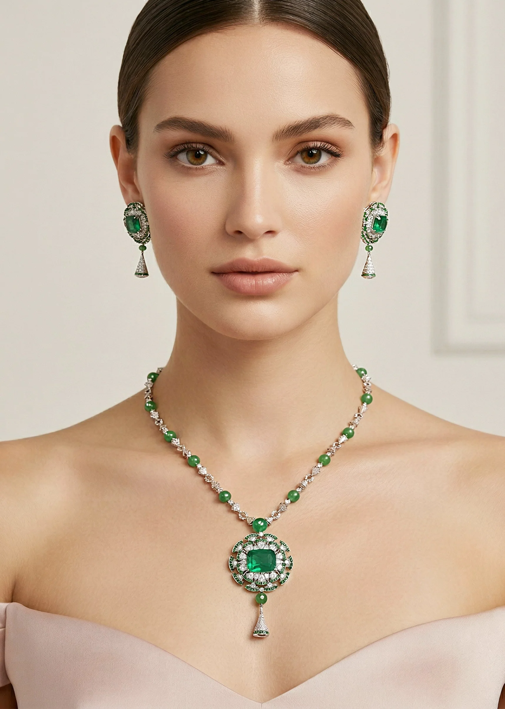 1178-silver-plated-green-zircon-long-necklace-set-with-earrings-1.webp Silver Plated Green Zircon Long Necklace Set With Earrings