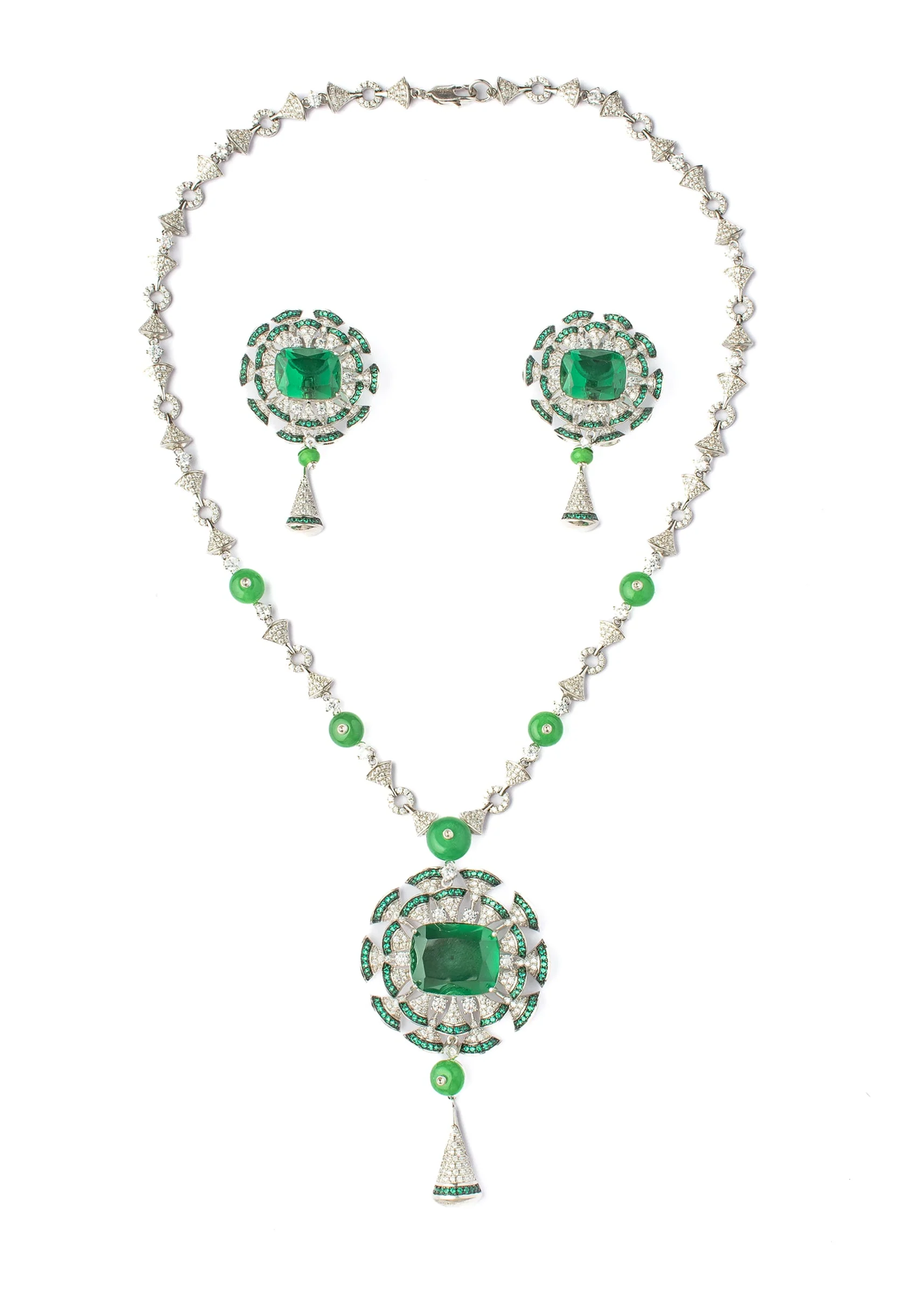 Silver Plated Green Zircon Long Necklace Set With Earrings