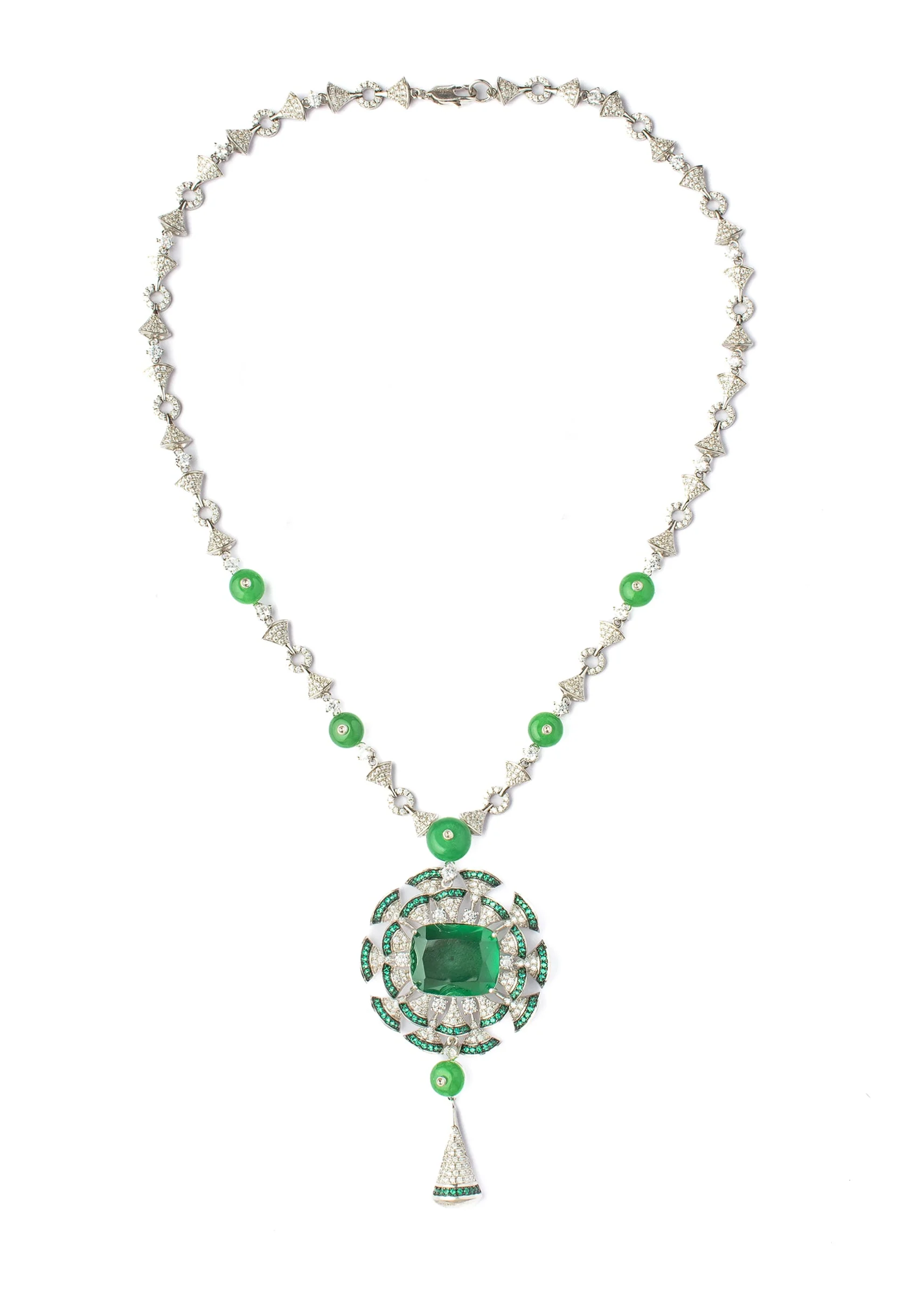 Silver Plated Green Zircon Long Necklace Set With Earrings