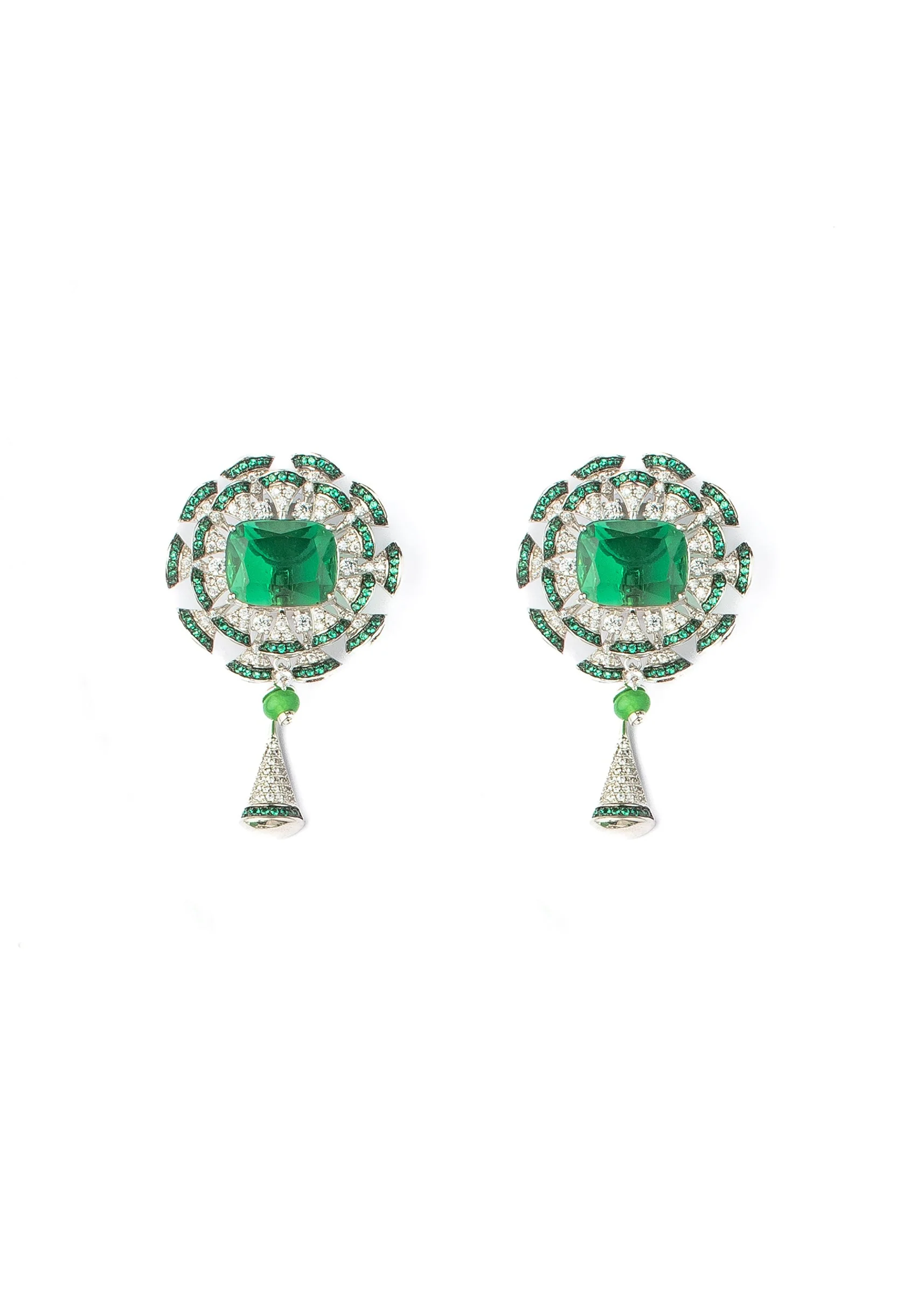 Silver Plated Green Zircon Long Necklace Set With Earrings
