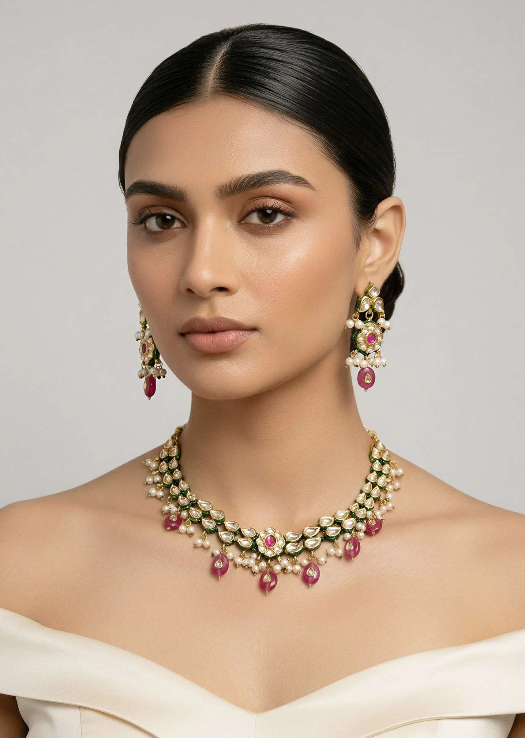 Gold Plated Pink Kundan Short Necklace Set With Earrings