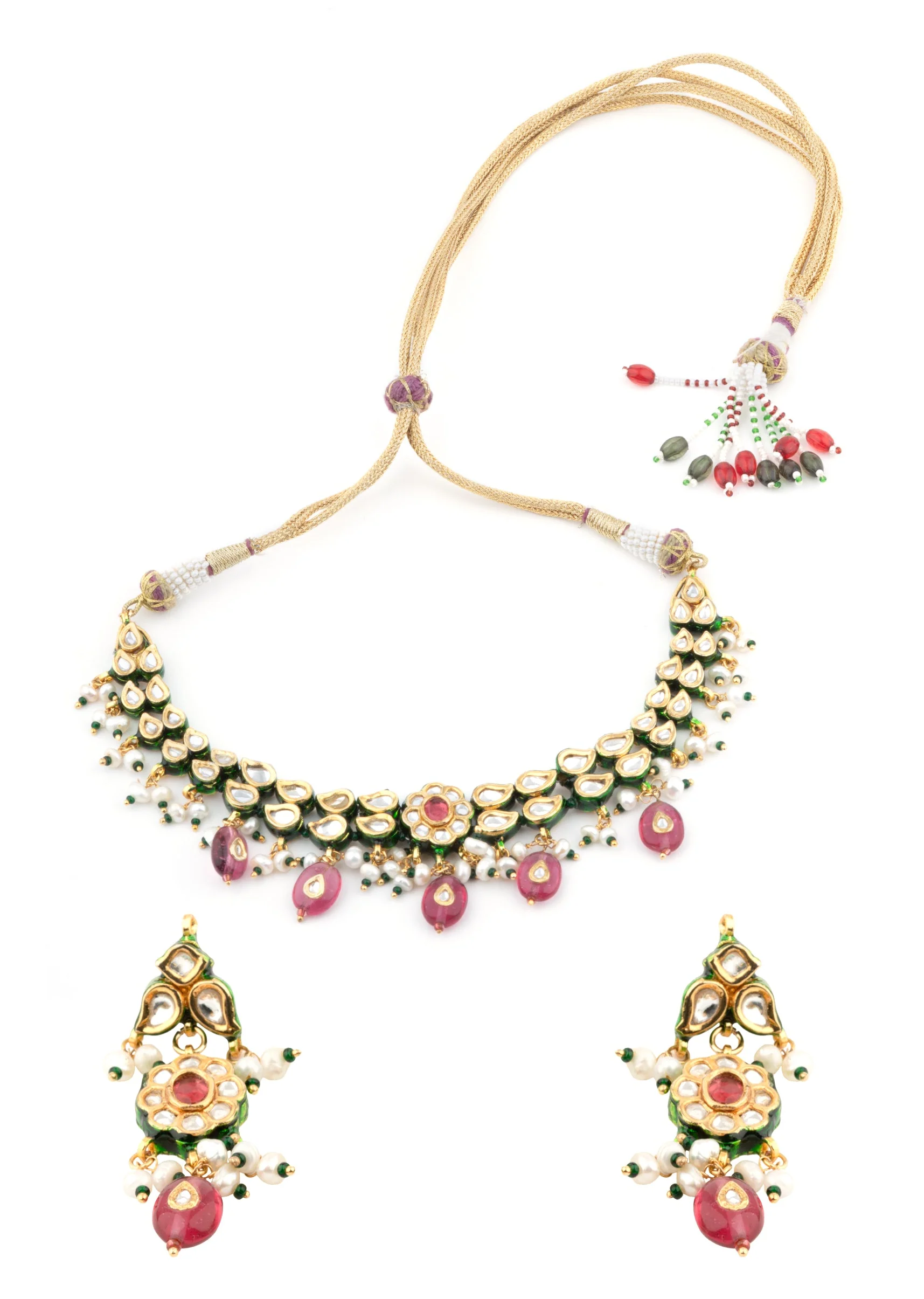 Gold Plated Pink Kundan Short Necklace Set With Earrings
