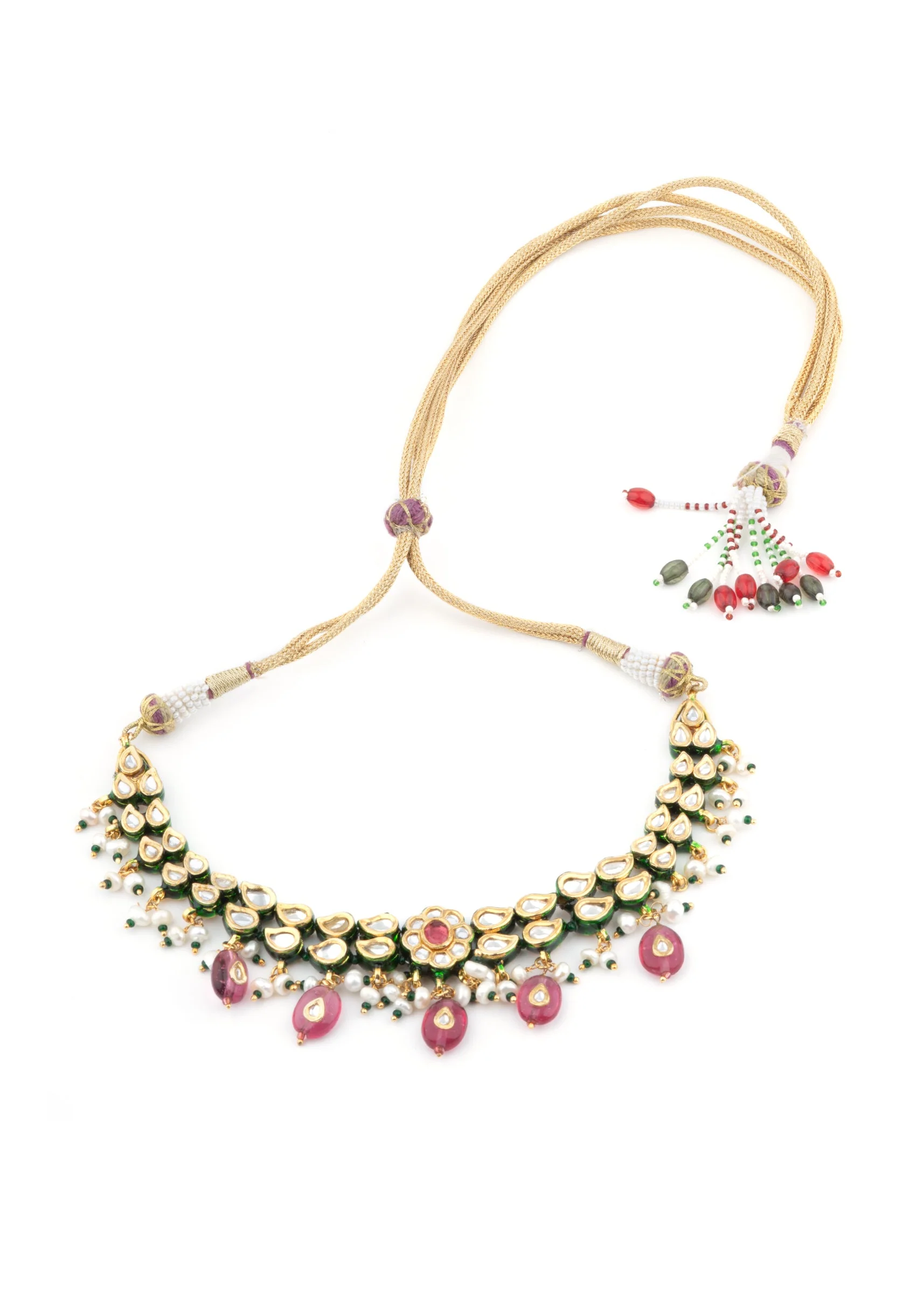 Gold Plated Pink Kundan Short Necklace Set With Earrings