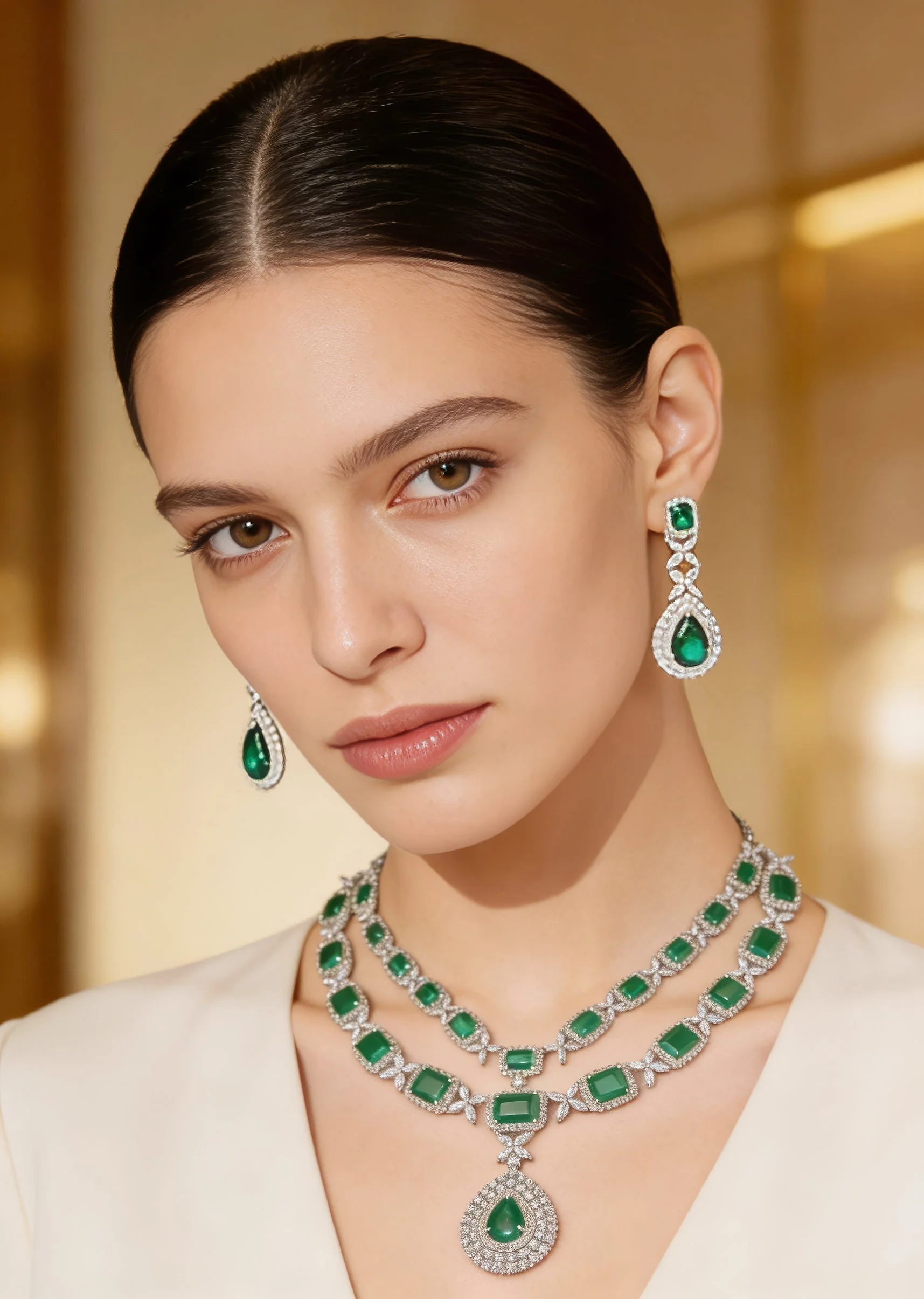 Silver Plated Green Emerald Synthetic Zircon Necklace Set With Earrings