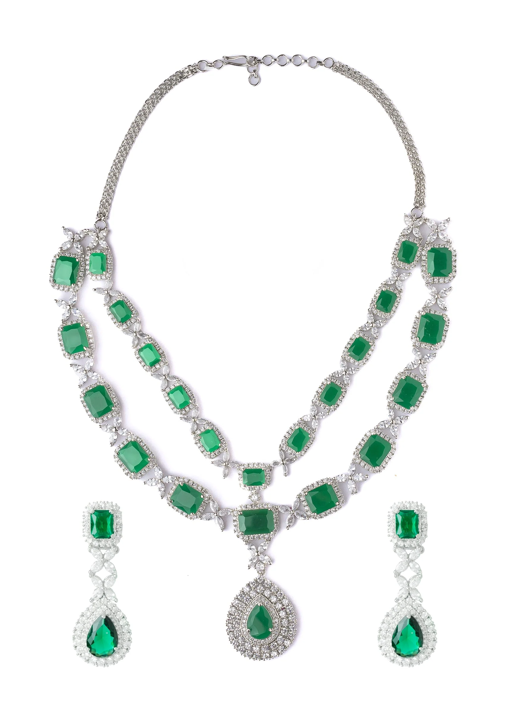 Silver Plated Green Emerald Synthetic Zircon Necklace Set With Earrings