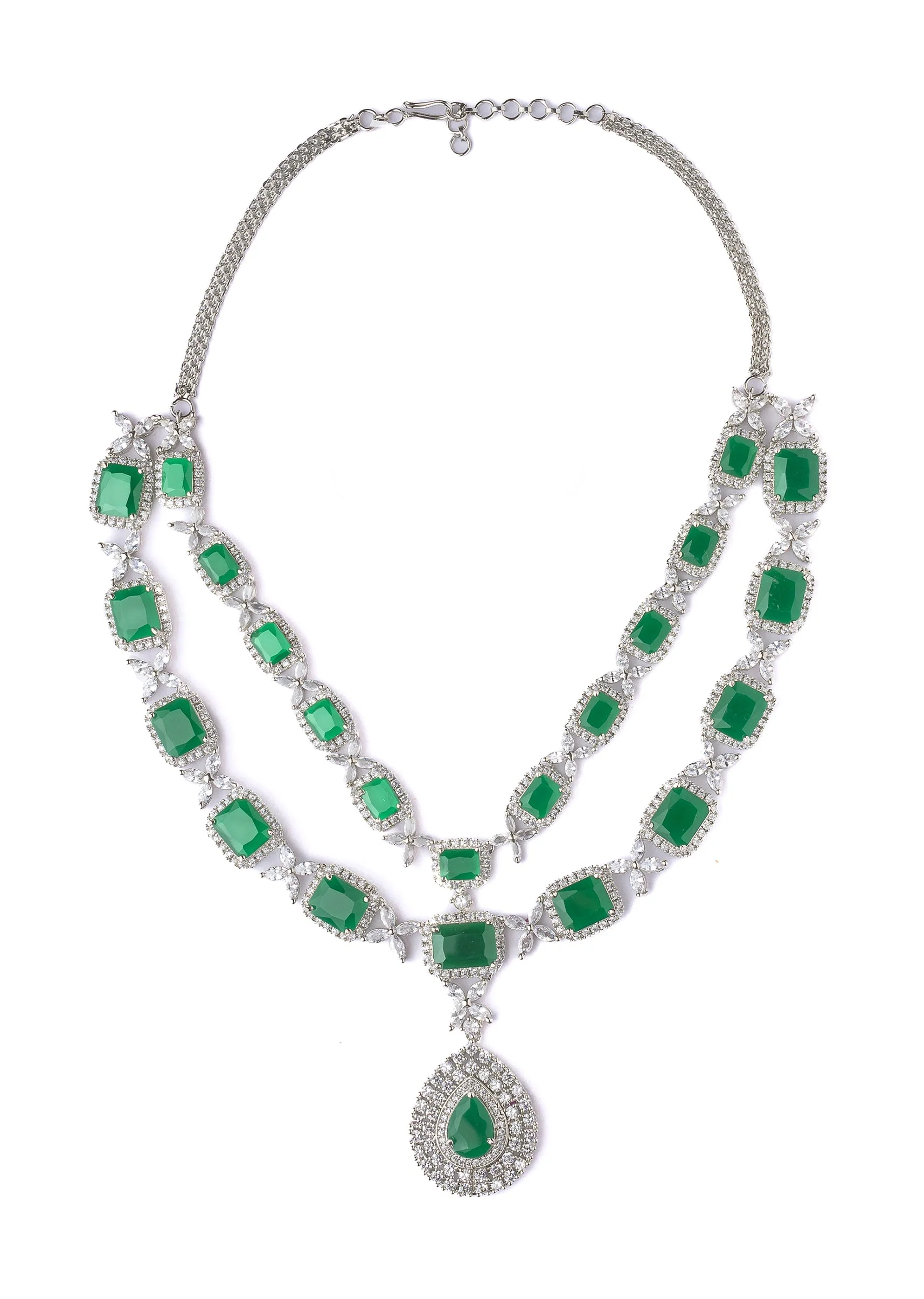 Silver Plated Green Emerald Synthetic Zircon Necklace Set With Earrings
