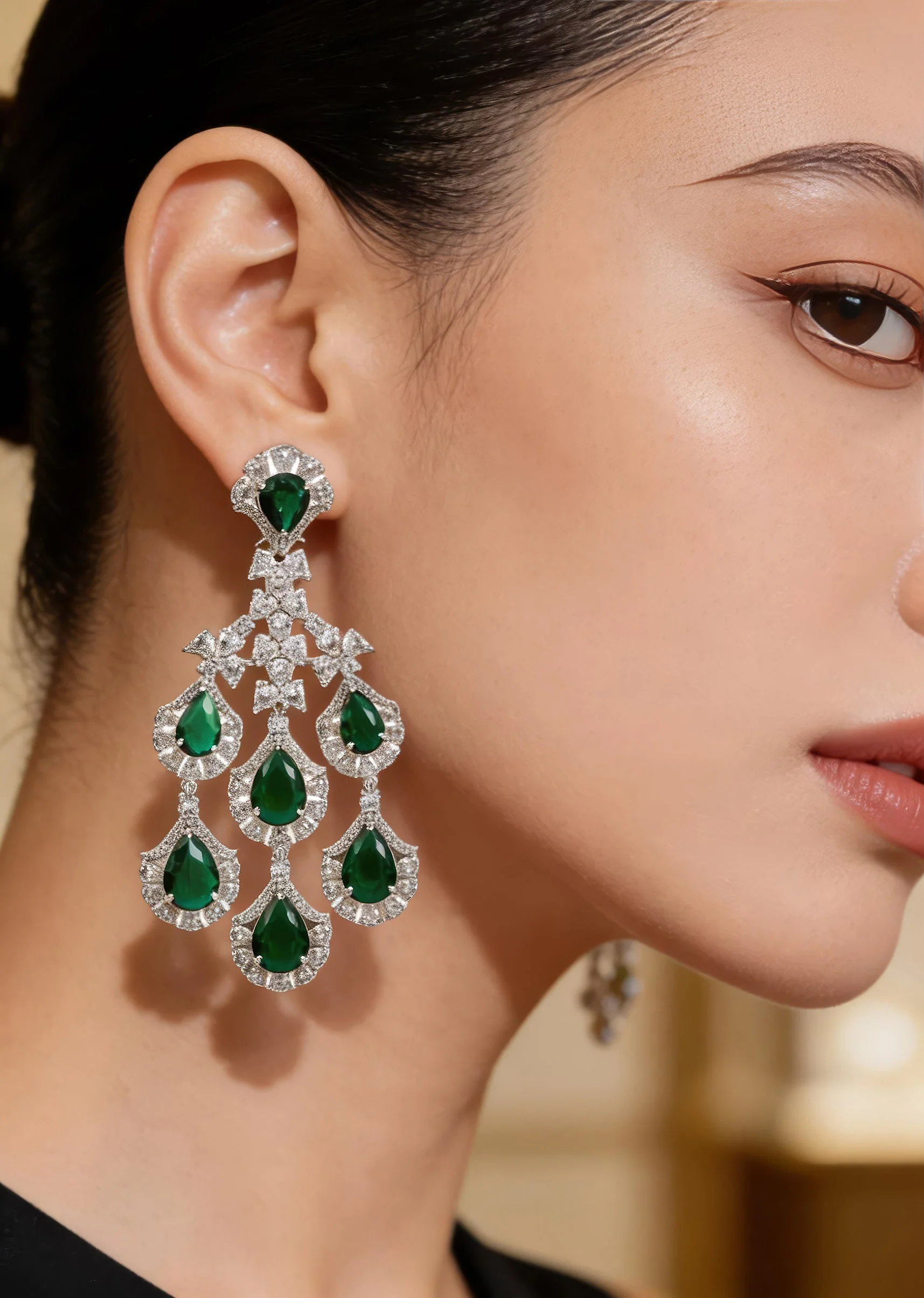 Silver Plated Green Zircon Drop Earrings
