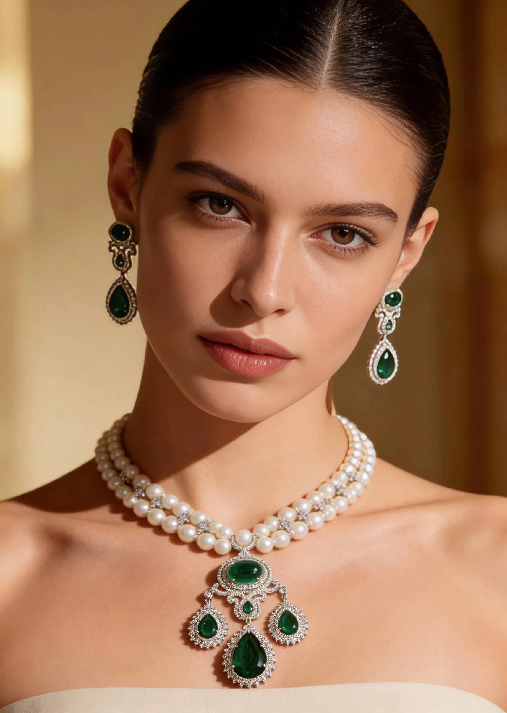 Pearl And Green Stone Statement Necklace Set