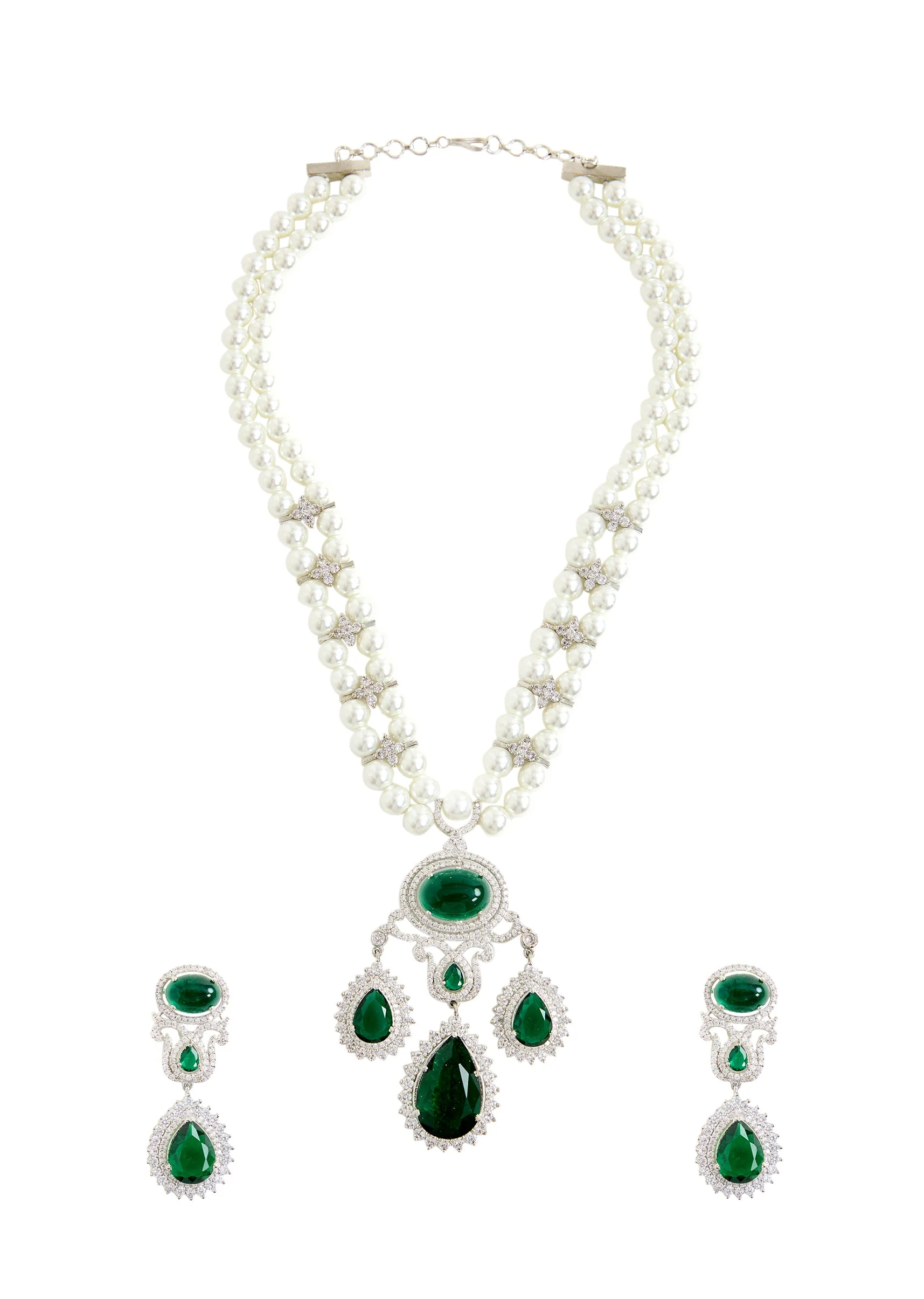 Pearl And Green Stone Statement Necklace Set