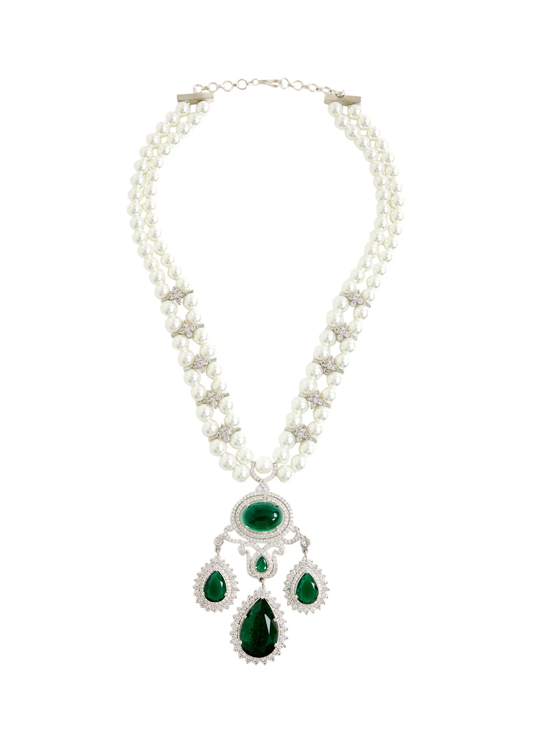 Pearl And Green Stone Statement Necklace Set
