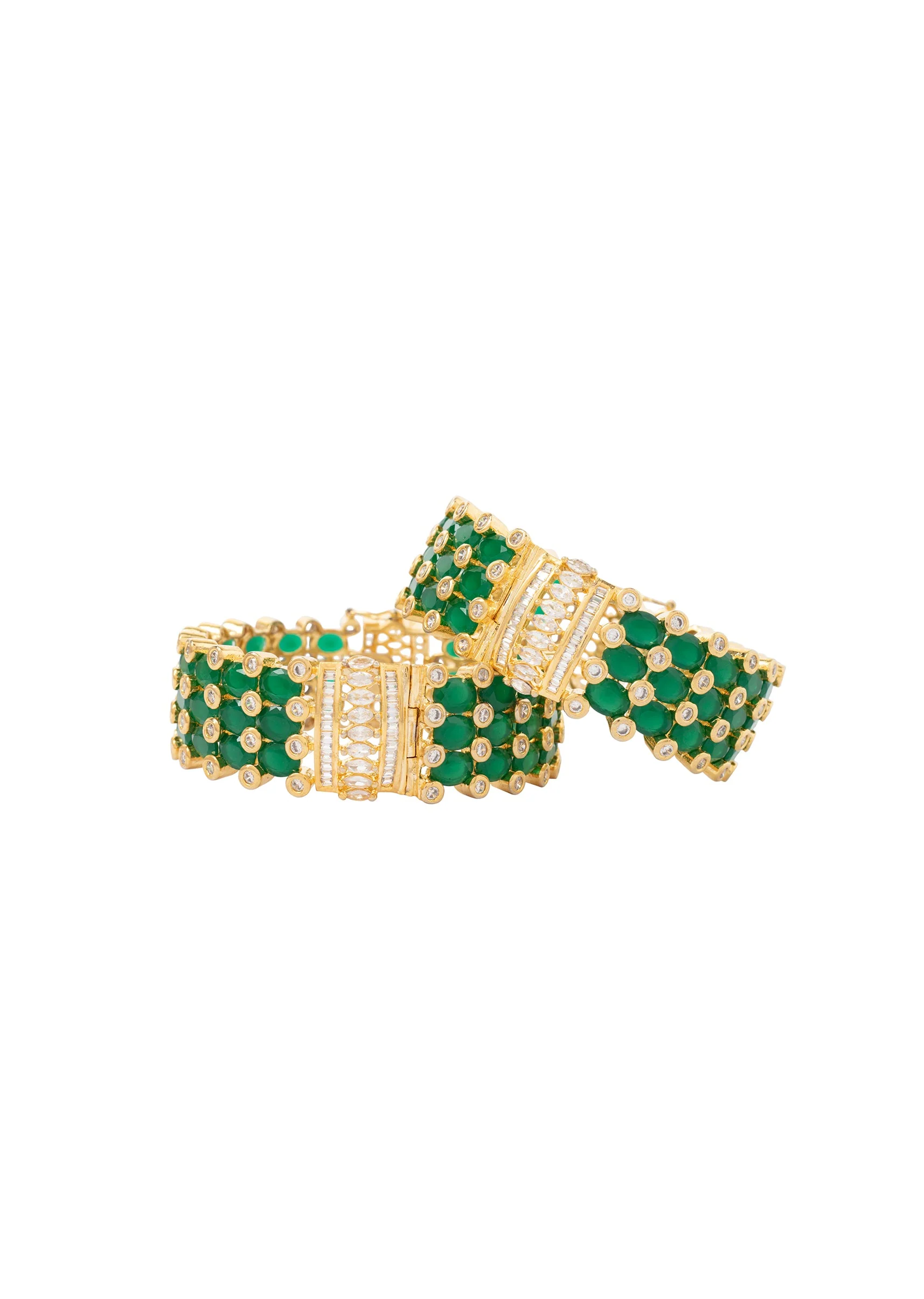 Gold Plated Green And White Stones Kundan Polki bangles